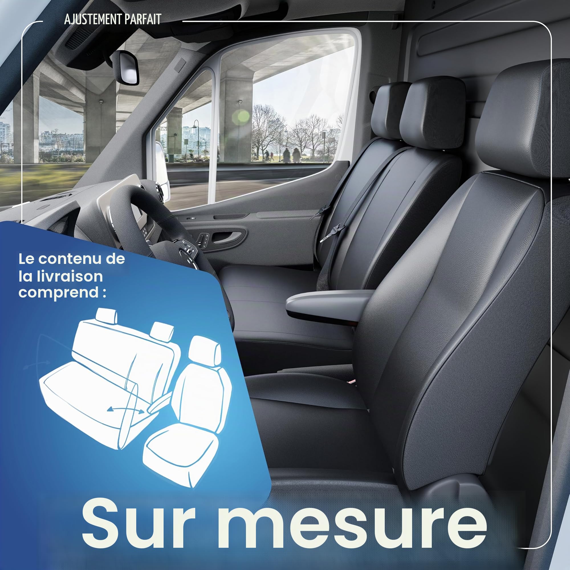 WALSER Transporter Housses de siège auto en similicuir compatible avec VW Crafter, Mercedes Sprinter, 1 siège individuel à l'avant (évidement accoudoir) & double banquette avant rabattable