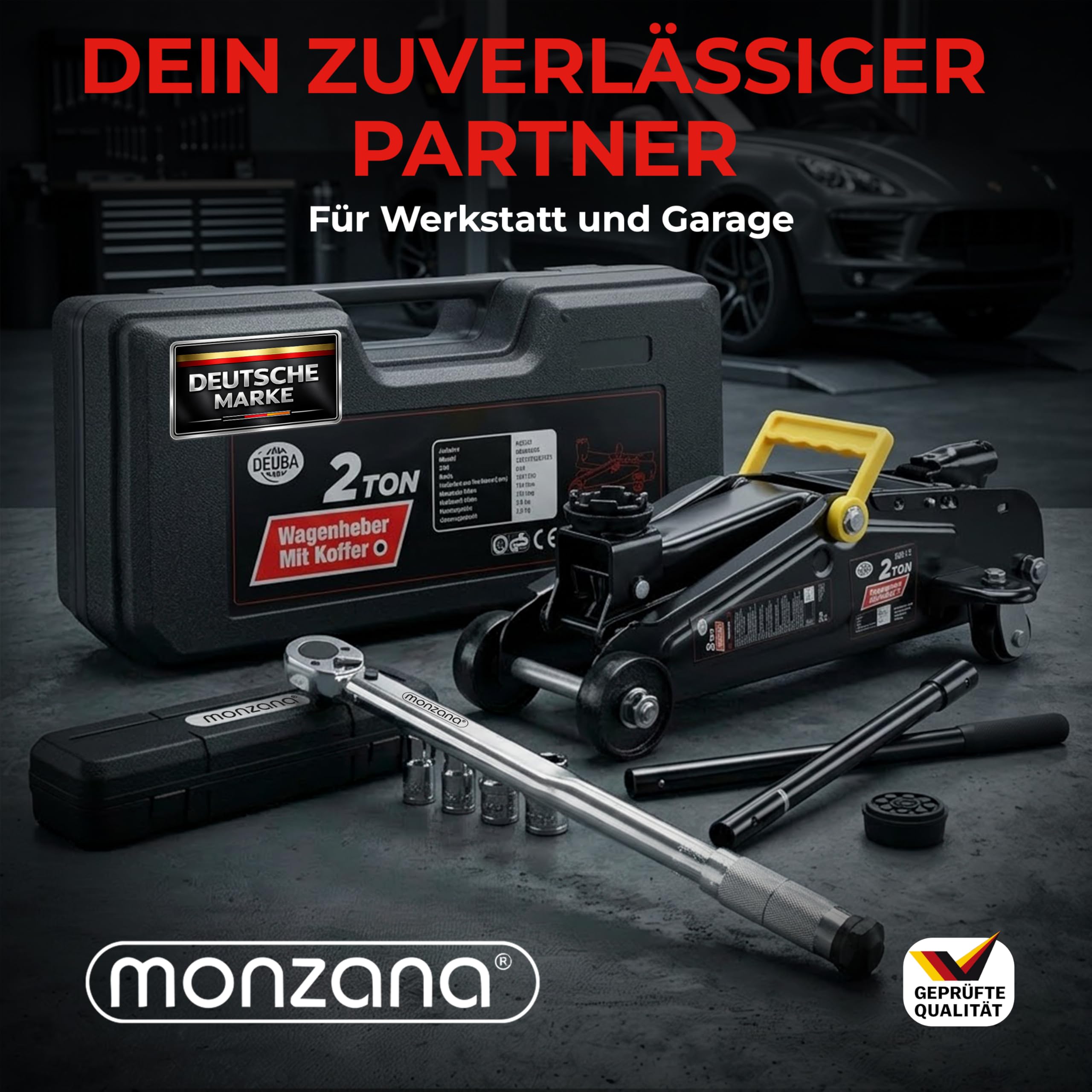 DEUBA® 2t Wagenheber hydraulisch 135-330mm Set inkl. Gummiauflage Drehmomentschlüssel 6tlg. 1/2' 40-210Nm Koffer KFZ Auto Rangierwagenheber Hydraulik