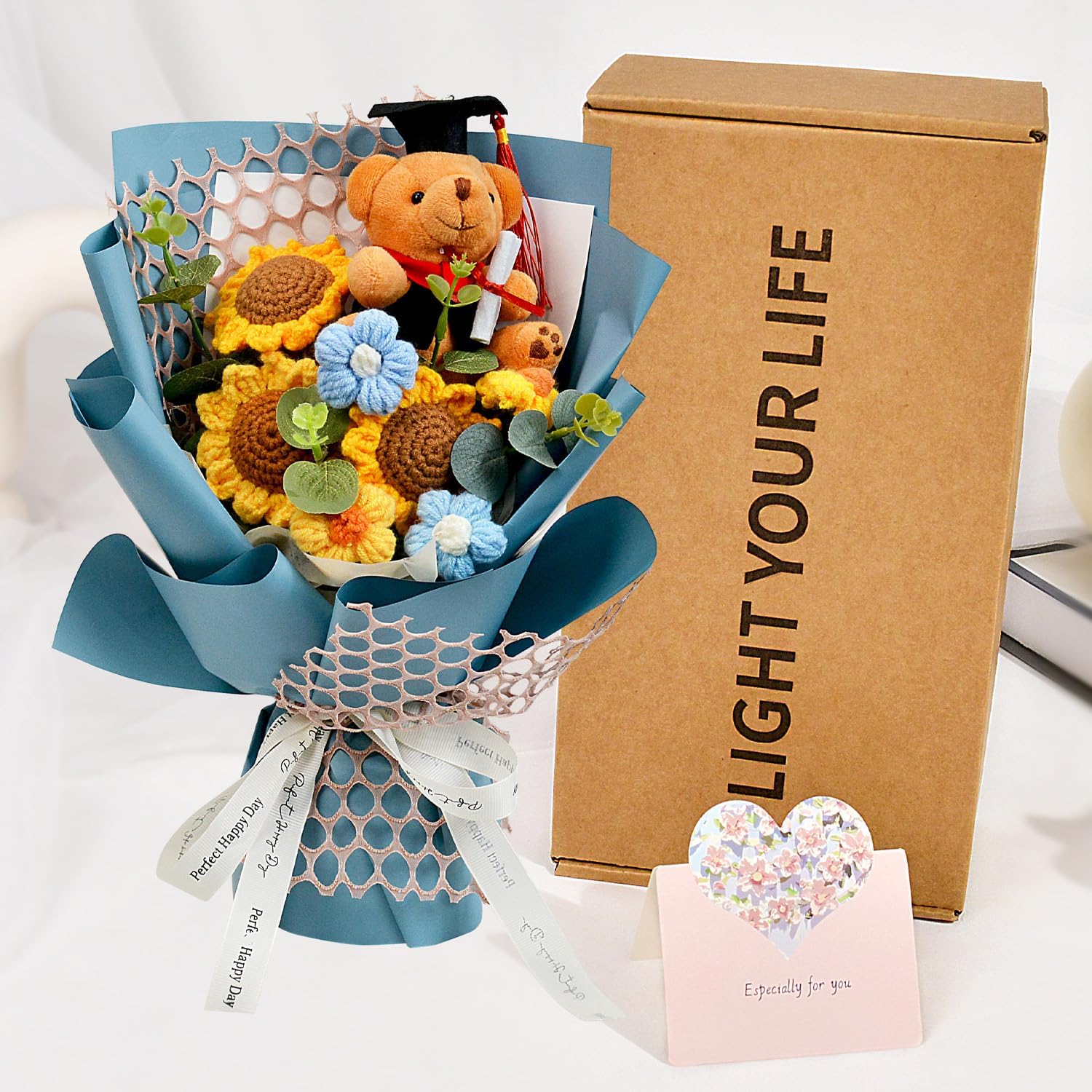 Graduation Gifts Crochet Flowers Bouquet, Handmade Sunflower Rose Bear Graduations Flower Bouquet for Birthday, Teacher Appreciation Gifts, Christmas, Home Décor (Include Card) Blue