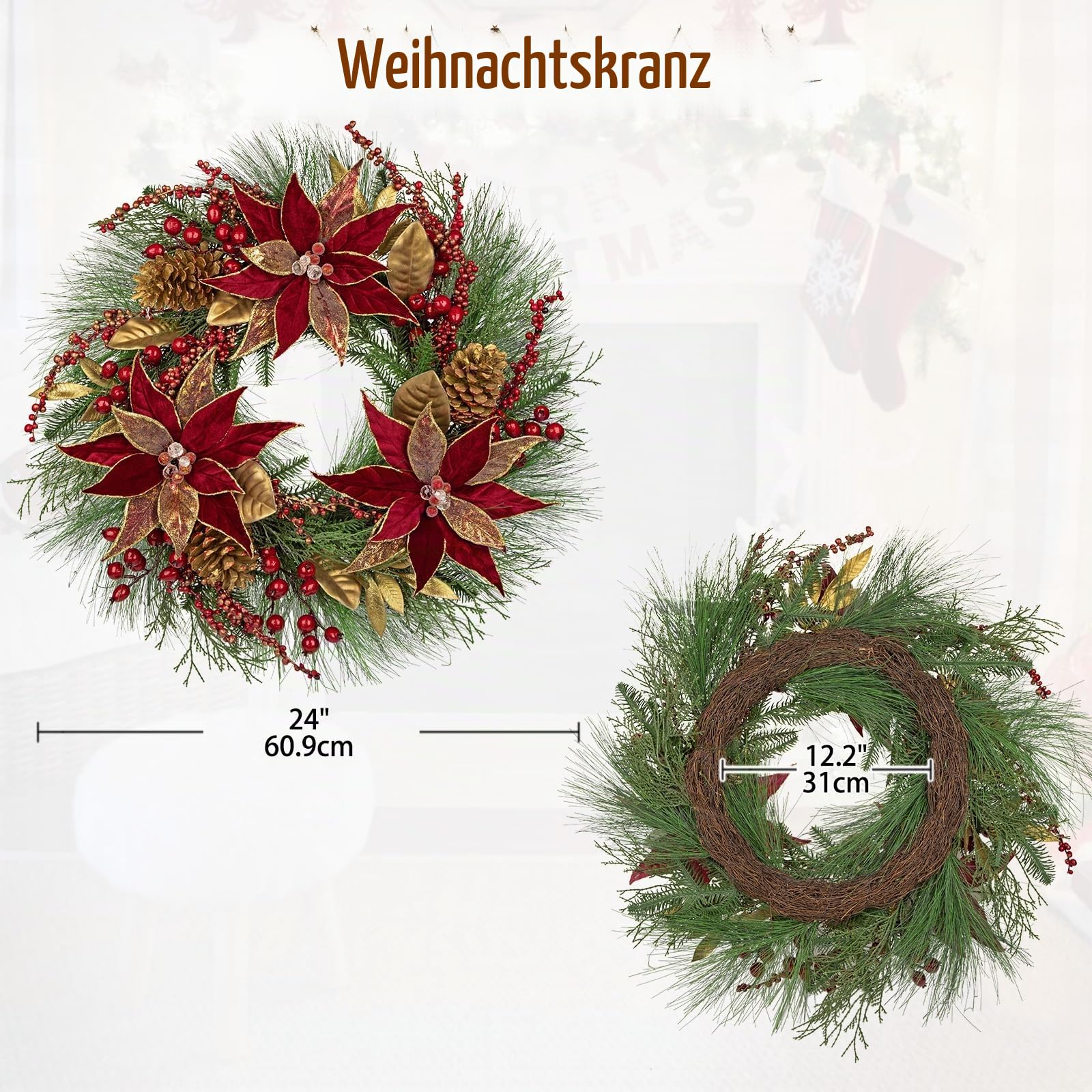 Dekor Ganzjährig 60 cm Kranz Haustür Rot Kranz Tannenkranz Künstlich mit Weihnachtssterne Künstlicher Adventskranz Tür Tisch Wand Wohnung Büro Zuhause