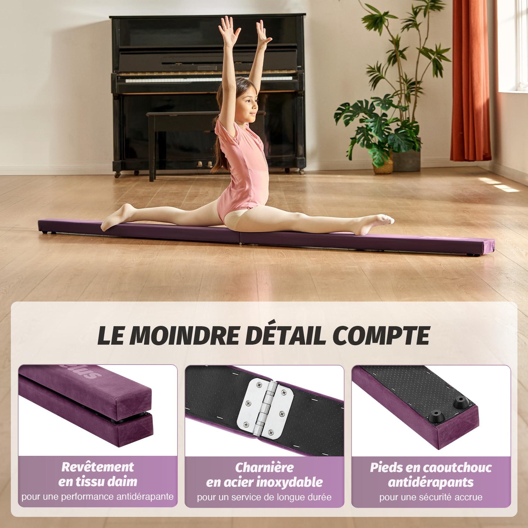 ZELUS Poutre de Gymnastique Pliable 240cm/270cm Poutre de Gym Pliante Poutre d'Équilibre Antidérapant Transportable pour Enfants Filles Gymnastes