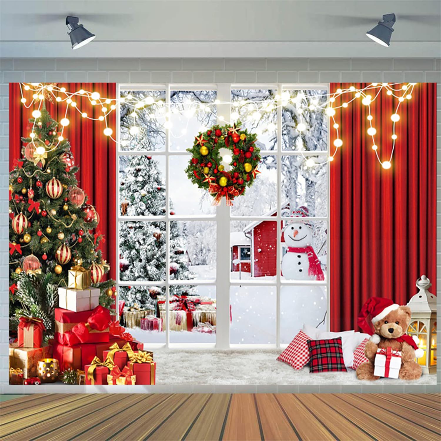 3x2.4m Toile de Fond Noël Fenêtre de Noël Scène de Neige Hiver Arbre de Noël Fond Photographique Famille Enfants Portrait Photoshoot Vacances Nouvel an Décorations Party Bannière Photo Booth Props