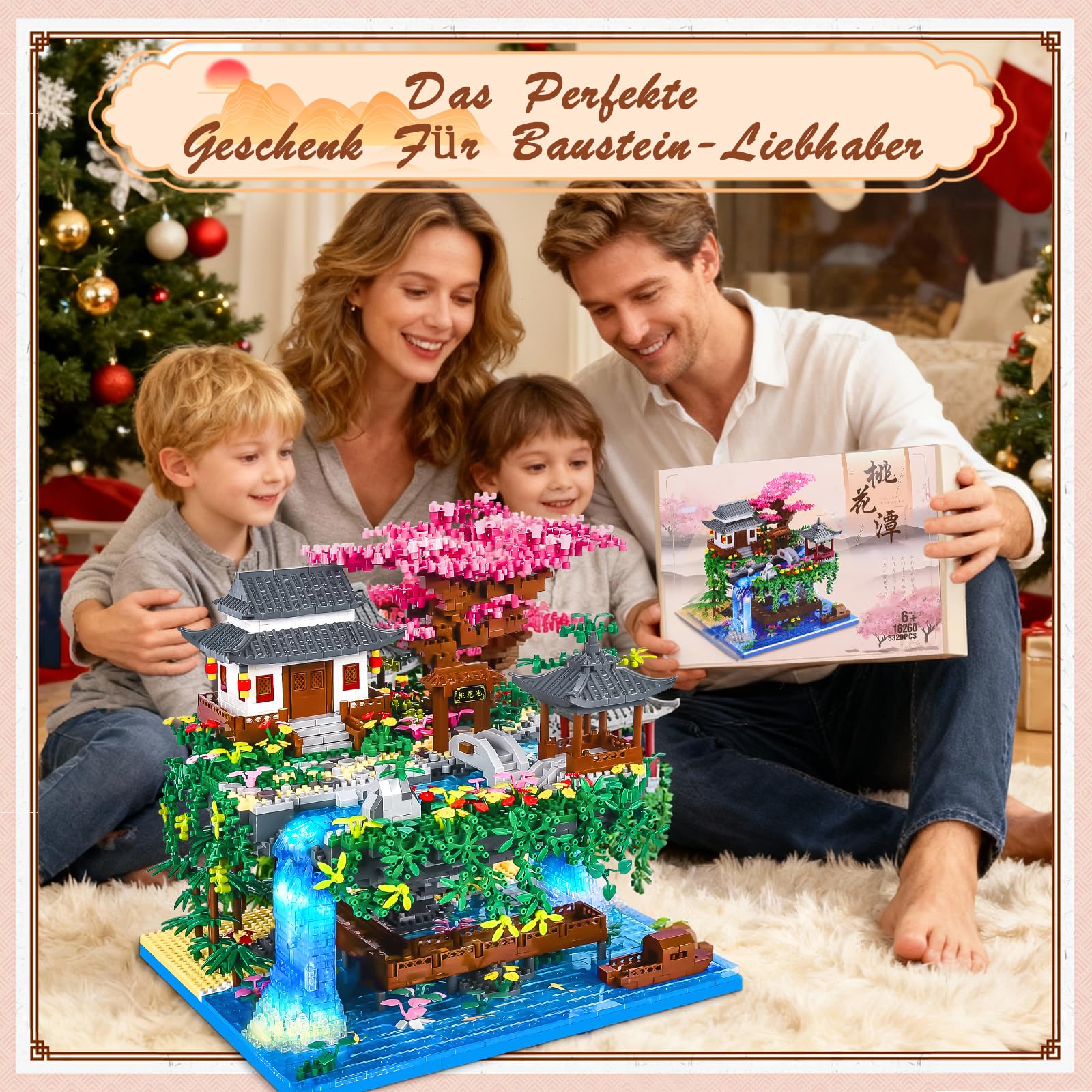 Charmofun 3320PCS Micro Bausteine, Klemmbausteine Haus mit LED, Botanical Garten-Set für Erwachsene mit Pfirsichblüten, Architecture Creative Geschenk Weihnachten für Frauen und Männer