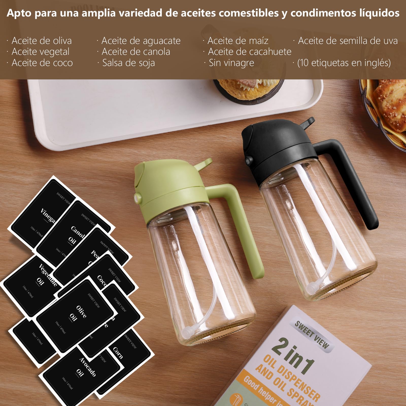 SWEET VIEW 470ml 2 en 1 Dispensador de Aceite y Pulverizador de Aceite, Vertedor Dispensador de Aceite de Oliva para, Cocina, Cocinar,Freidora de Aire,Ensalada, Barbacoa (Verde) — view 7