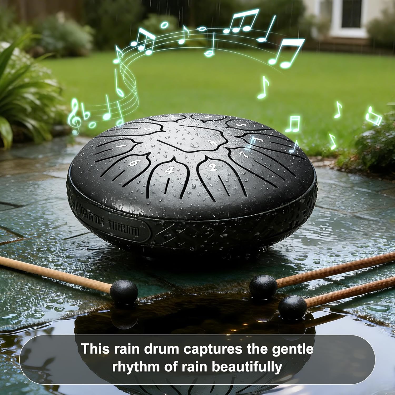 Rain Drum for Outside, 6 Inch 11 Notes D Major Steel Tongue Drum, Steel Drum Percussion Instrument for Yoga, Meditation & Music Education with Music Book, Mallets, Carry Bag & Finger Picks