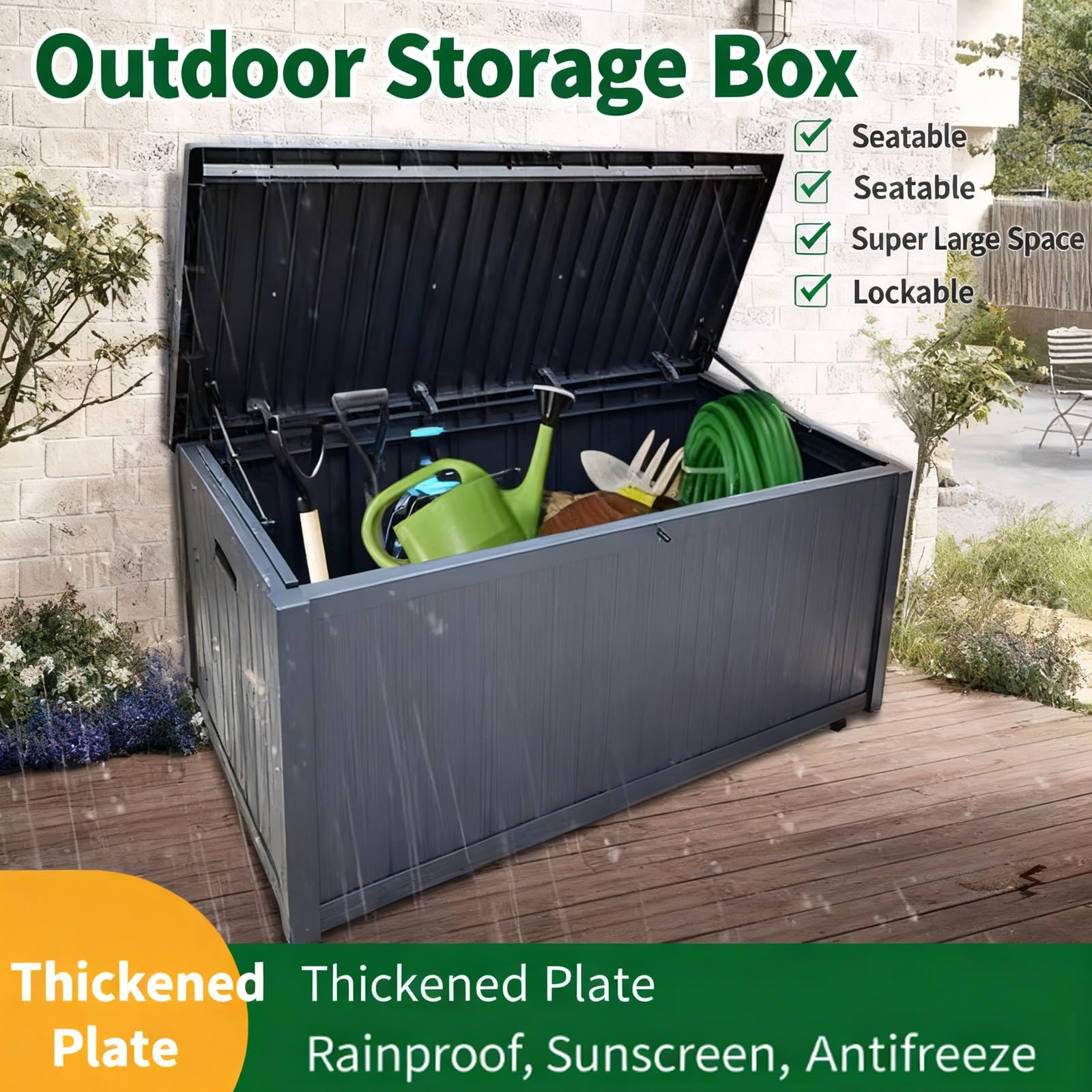 Boîte de rangement d'extérieur avec tige hydraulique, plastique PP étanche, finition grain de bois, grande capacité, verrouillable pour jardin, garage, abri de jardin