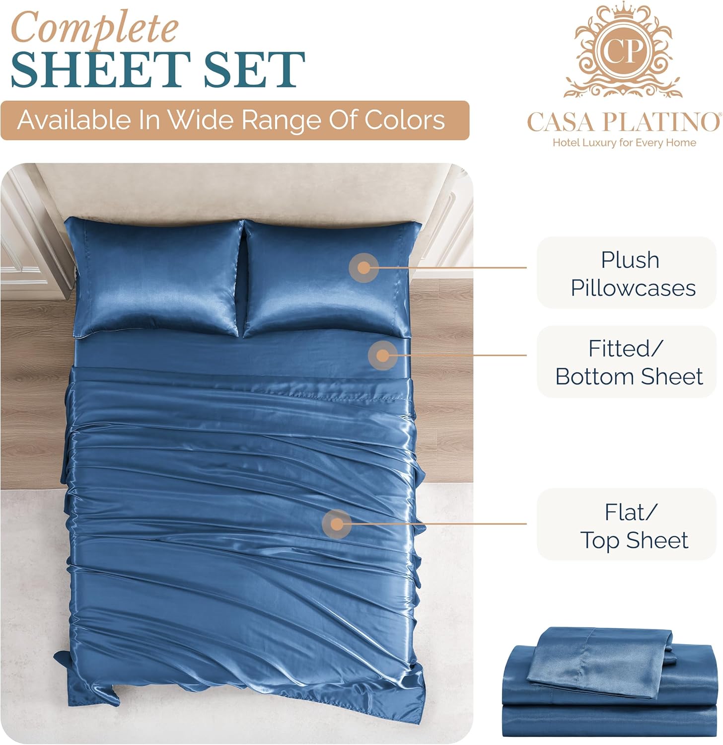 Casa Platino Satin Sheets Cal King Size - Smooth Cal King Sheets with 15 Inch Deep Pocket Fit, Silky Soft, Great for Hot Sleepers, Helps with Hair Protection, Wrinkle-Resistant - Dark Blue