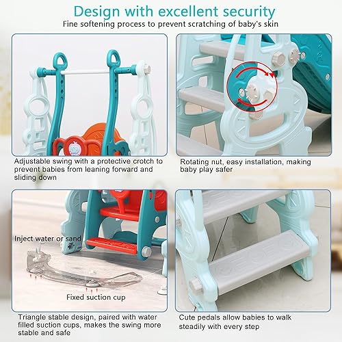 Miniatura 6 de Juego de tobogán y columpio 5 en 1 para niños pequeños, parque infantil interior con columpio de seguridad, aro de baloncesto y red de fútbol,