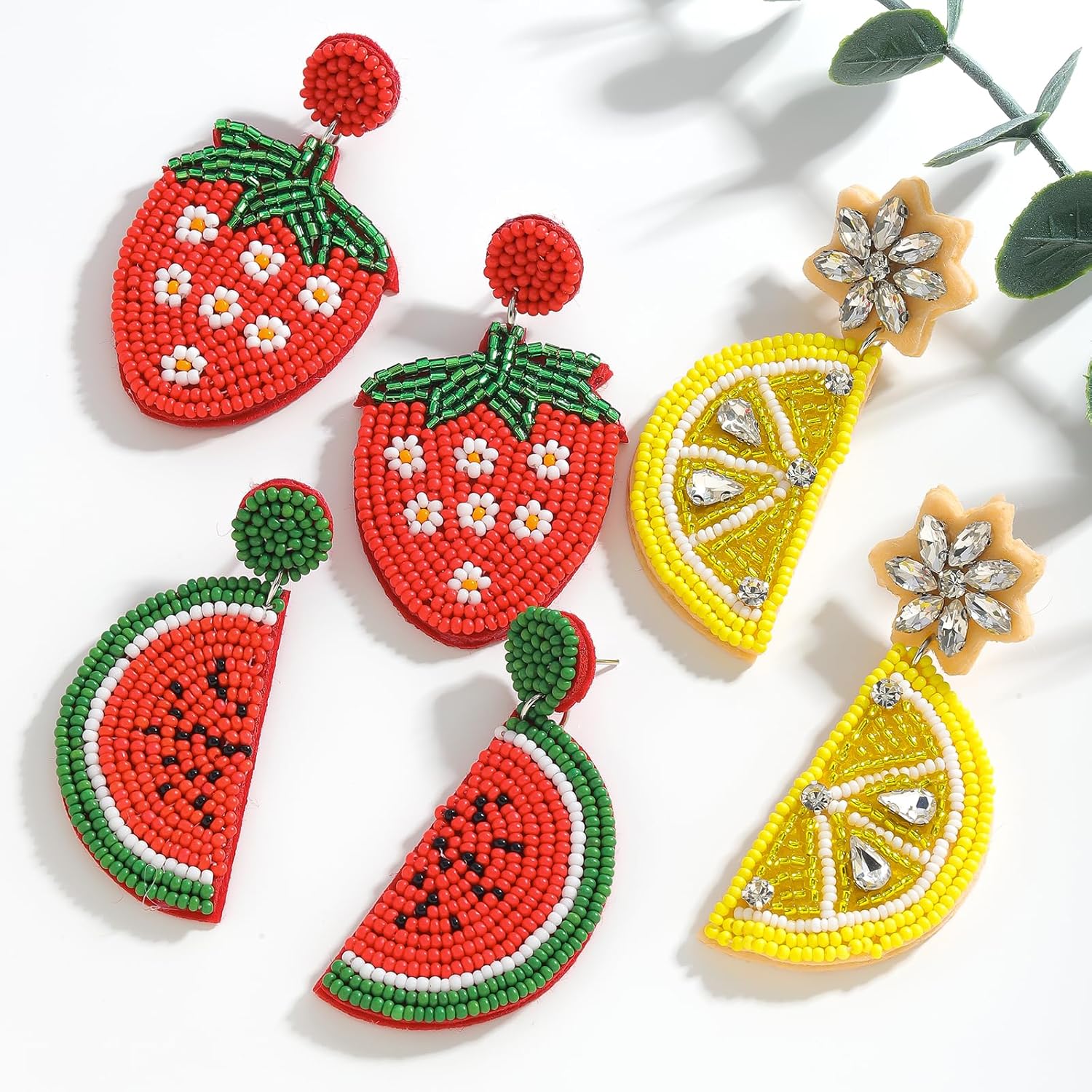 3 Pairs of Beaded Fruit Earrings Set for Women, Handmade Beads Summer Fruits Dangle Earrings, Lemon Watermelon Strawberry Statement Earrings for Jewelry Gifts - Image 4