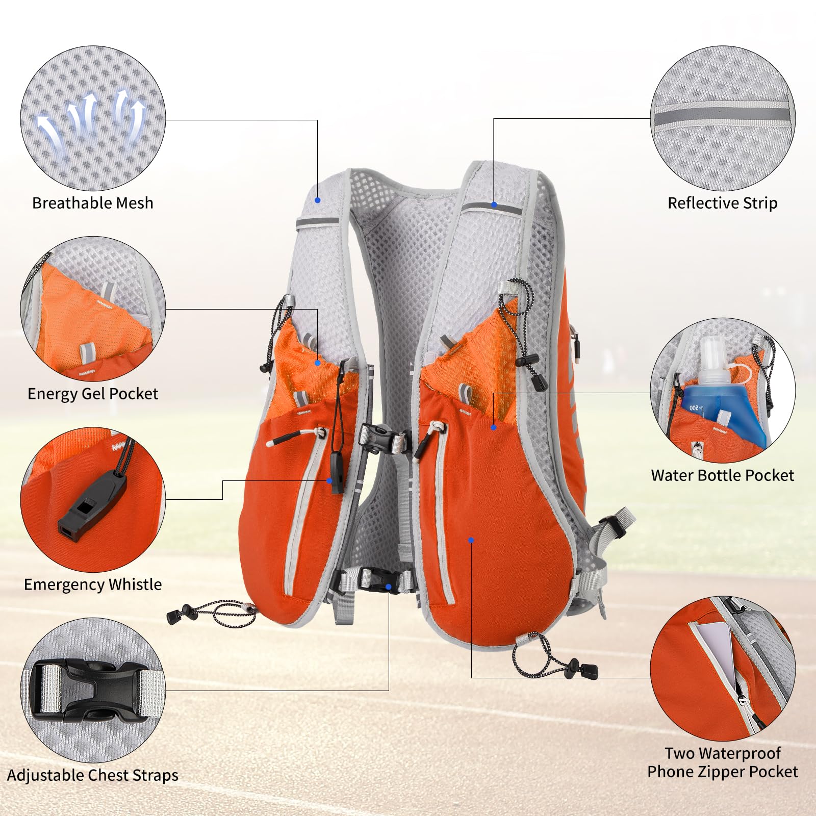 Expansea Zaino da Corsa 7L, Super Leggero Zaino Uomo & Donna, Tasche Multiple, Running Vest With Borraccia Morbida 500ml per Ciclismo, Maratona,Corsa, Arrampicata e Altri Sport All'Aria Aperta