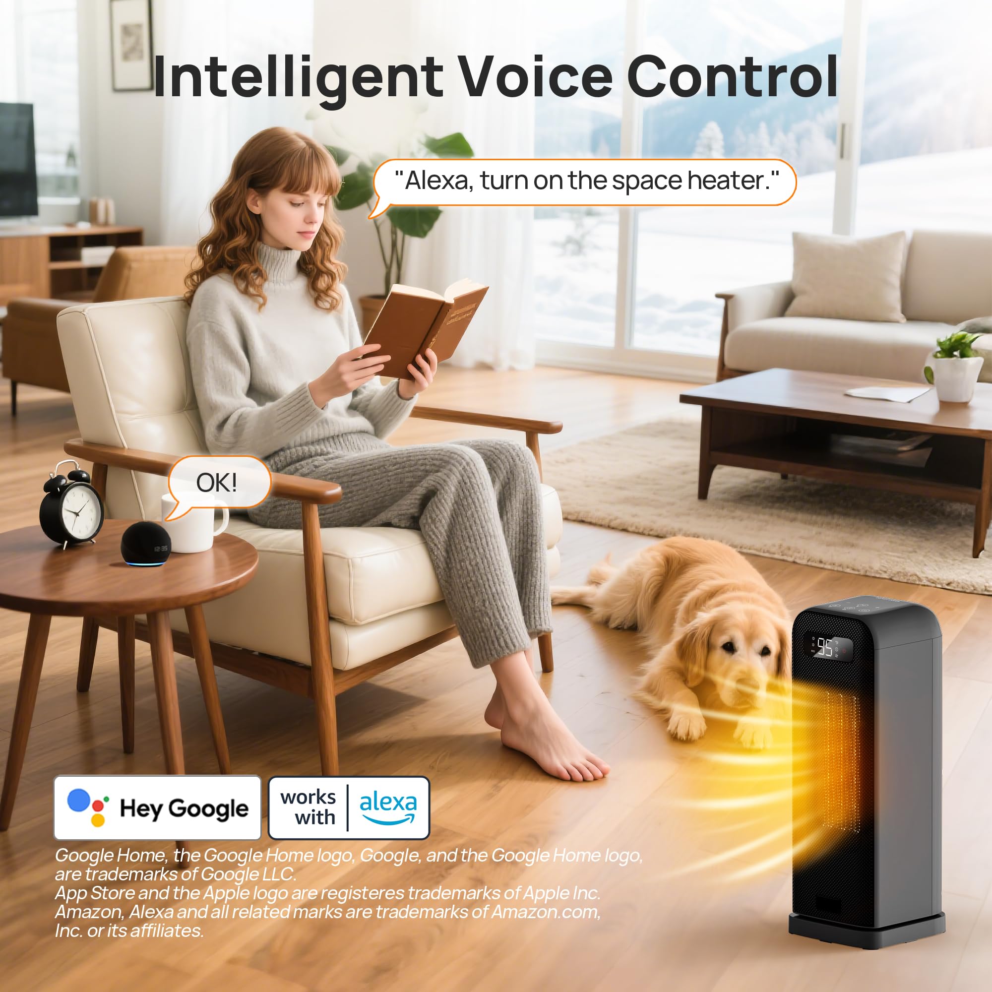 FLANUR Stufetta Elettrica Basso Consumo 1500W, Radiatore Portatile Ceramico PTC con Oscillazione 70°, Timer 12H, Termostato, Protezione e Controllo Intelligente (Alexa/Google), 1 pack+4 Modalità