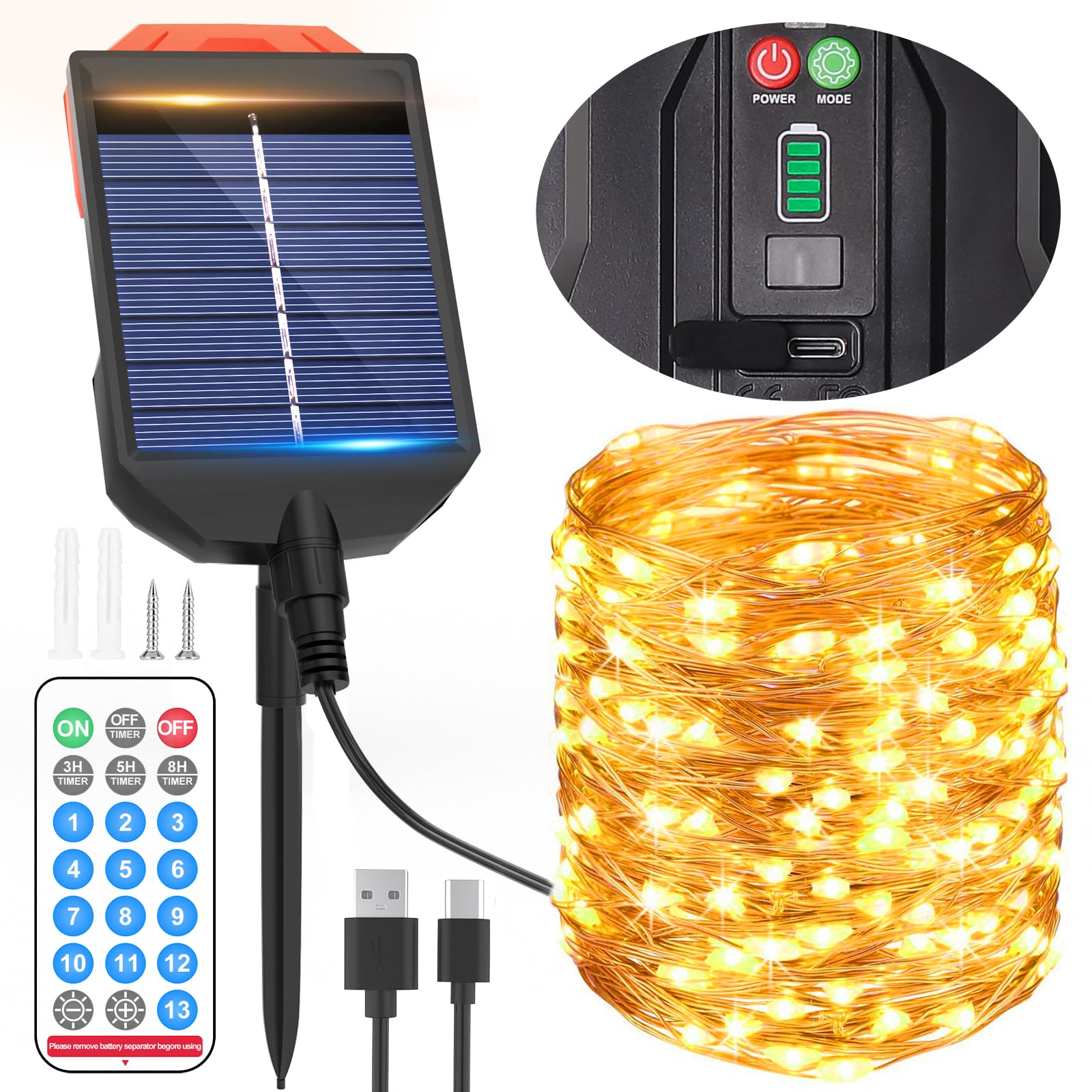 AUOPLUS Luces navidad exterior solares con puerto Type-C,30m 300pcs LED alambre de cobre guirnaldas luces exterior solar,13 modos y mando a distancia,IP65 impermeable,adecuado para todas las ocasiones