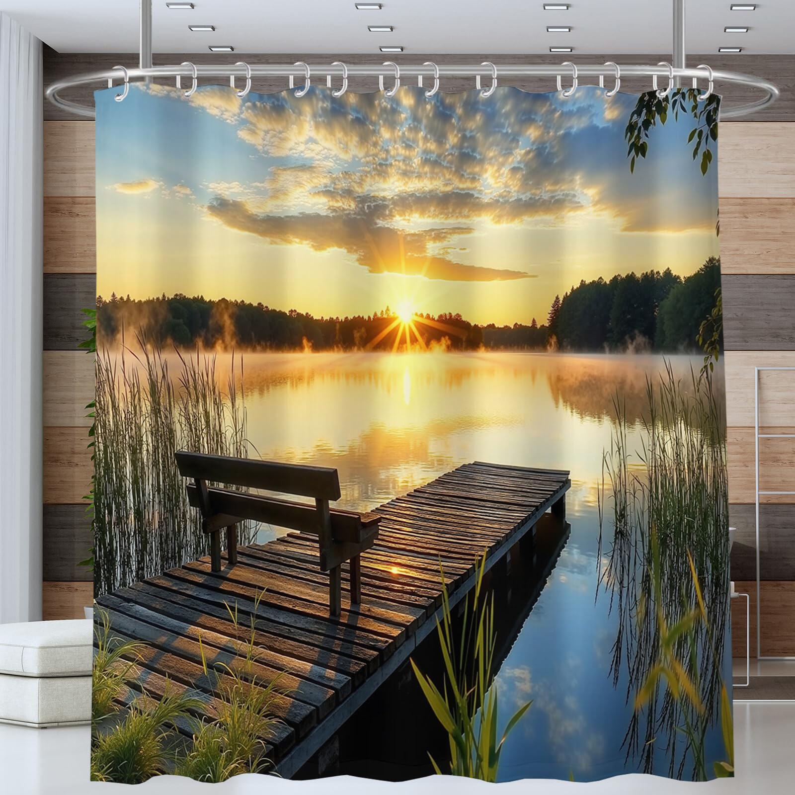Rideau Douche,Rideau Baignoire Lavable en Machine Rideaux Douche Tissus Lavable Rideau De Baignoire Lavable pour Salle De Bain Domicile Baignoire Famille,Pier Lake,