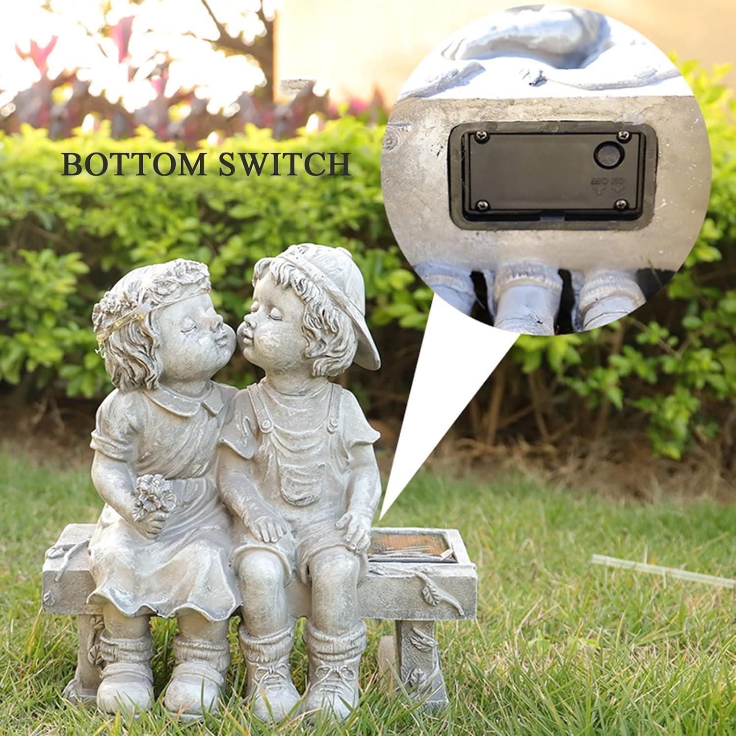 Angel Sculpture with Flower Solar Lights Boy and Girl Statue Garden Indoor Outdoor Waterproof Resin Ornament Lamp for Outside Fairy Lawn Flowerbed