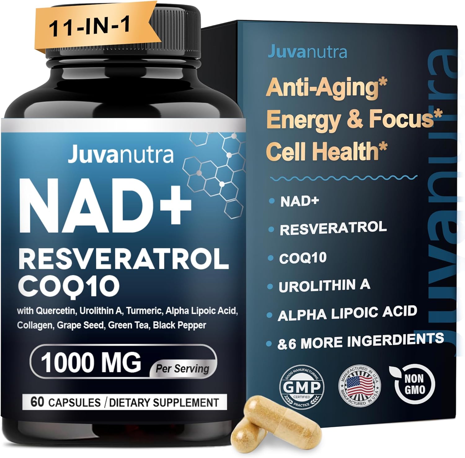 NAD Supplement 11-in-1 Extra Strength – Liposomal NAD with Resveratrol, CoQ10, Urolithin A, ALA & Turmeric – Supports Anti-Aging, Cellular Repair, Energy & Focus – for Women & Men – 60 Capsules