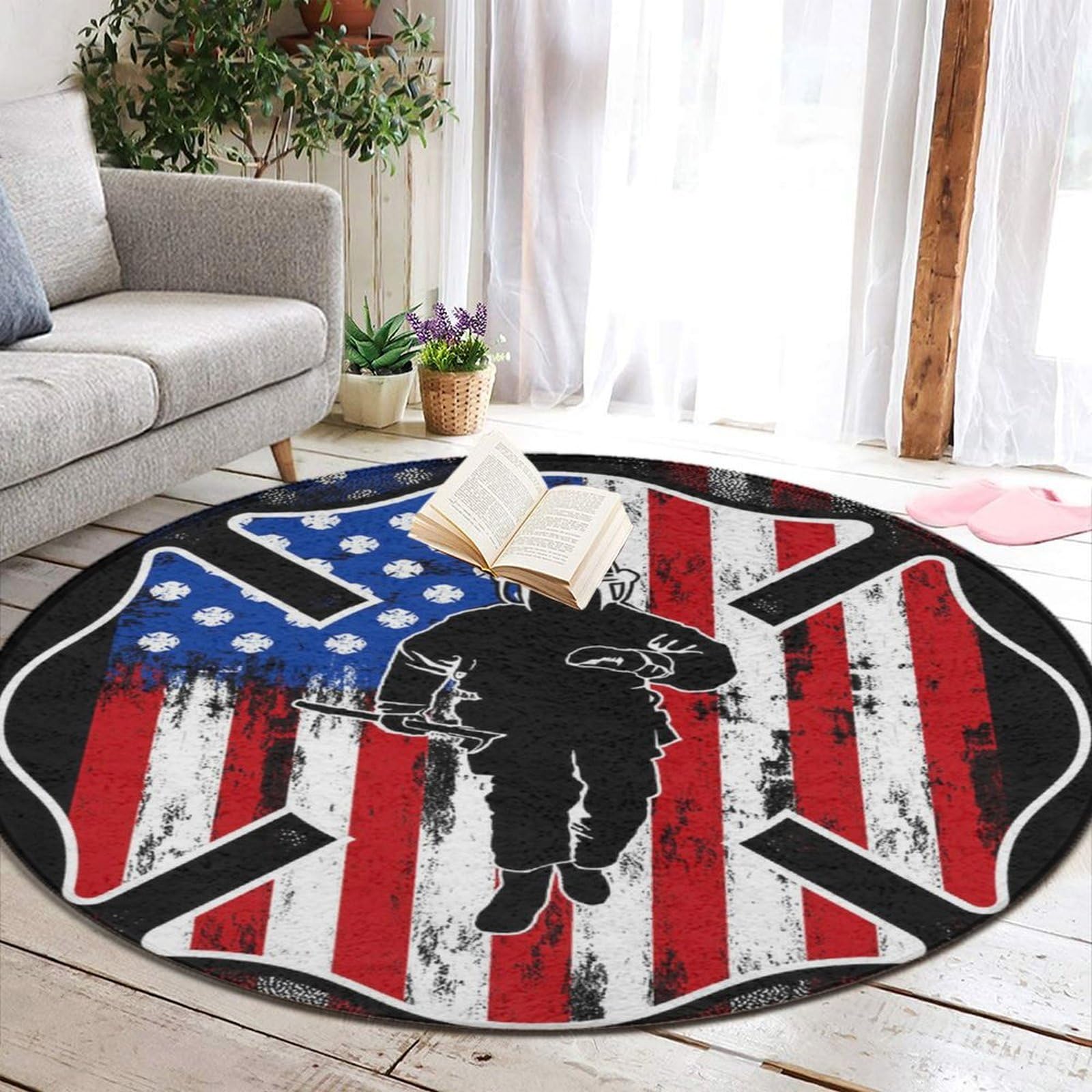 Supdreamc Modern Memory Foam Round Mat for Bath Room Entrance - Machine Washable Fireman Flag American Firefighter Spa Floor Mats Home Art