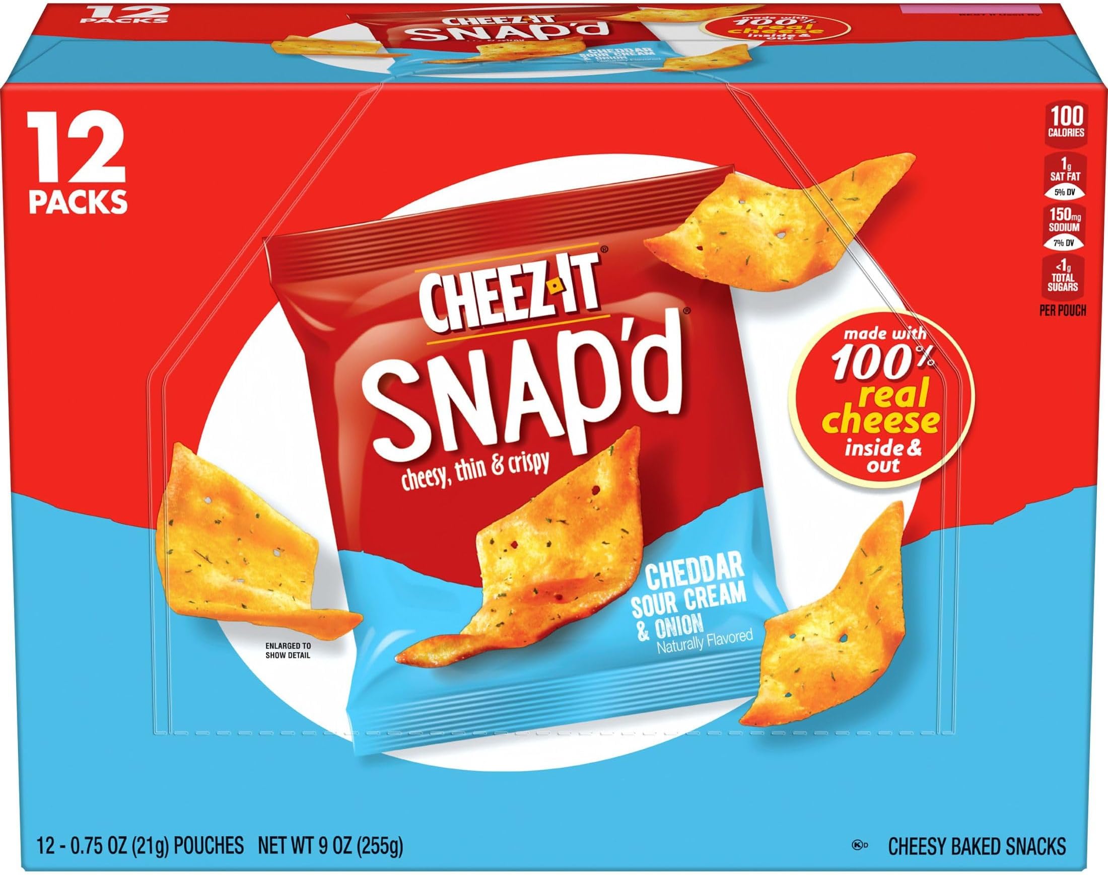 Cheez-It Snap'd Cheese Cracker Chips, Thin Crisps, Lunch Snacks, Cheddar Sour Cream and Onion, 9oz Box (12 Pouches)