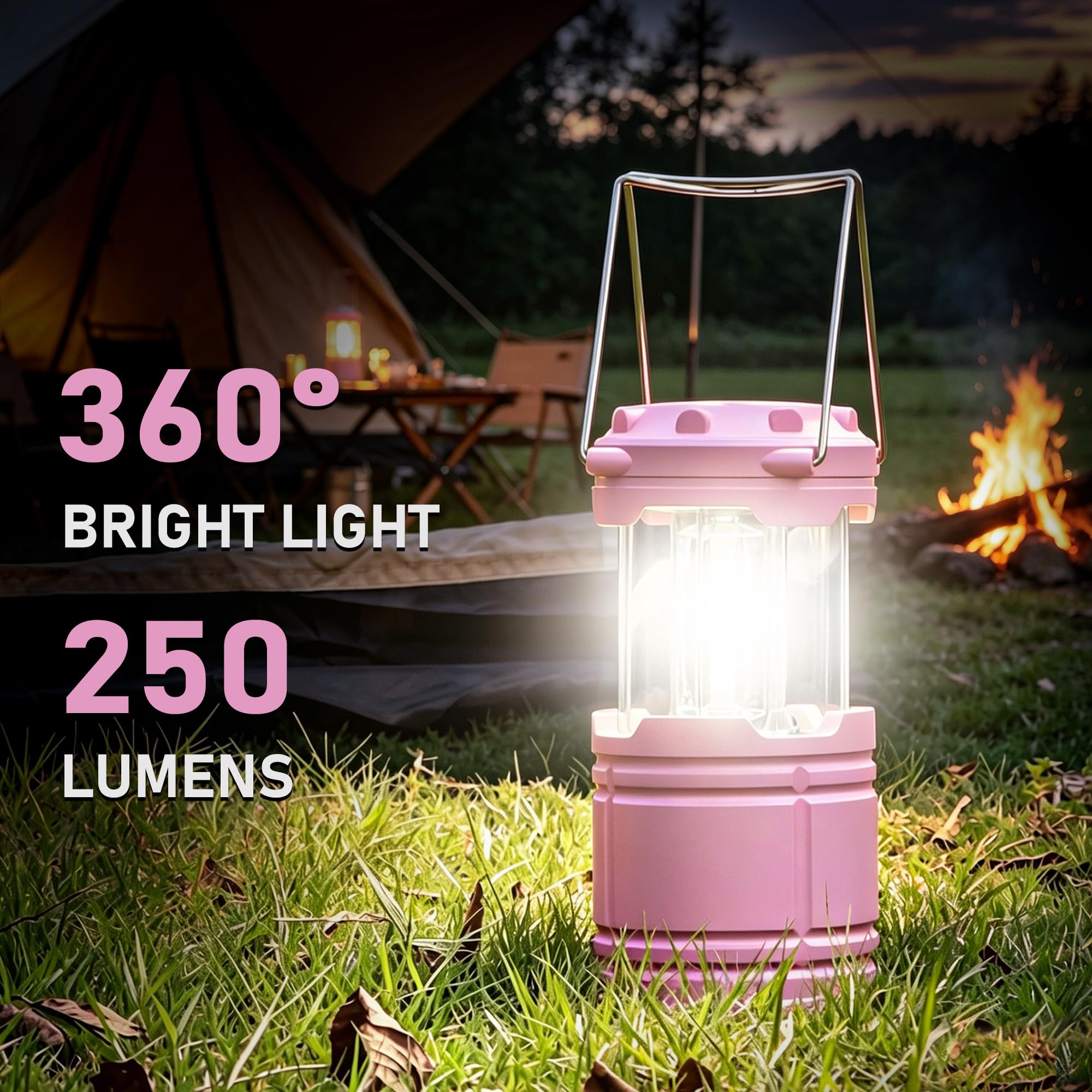 Linterna LED rosa para camping, luces de emergencia esenciales para cortes de energía, senderismo, huracán