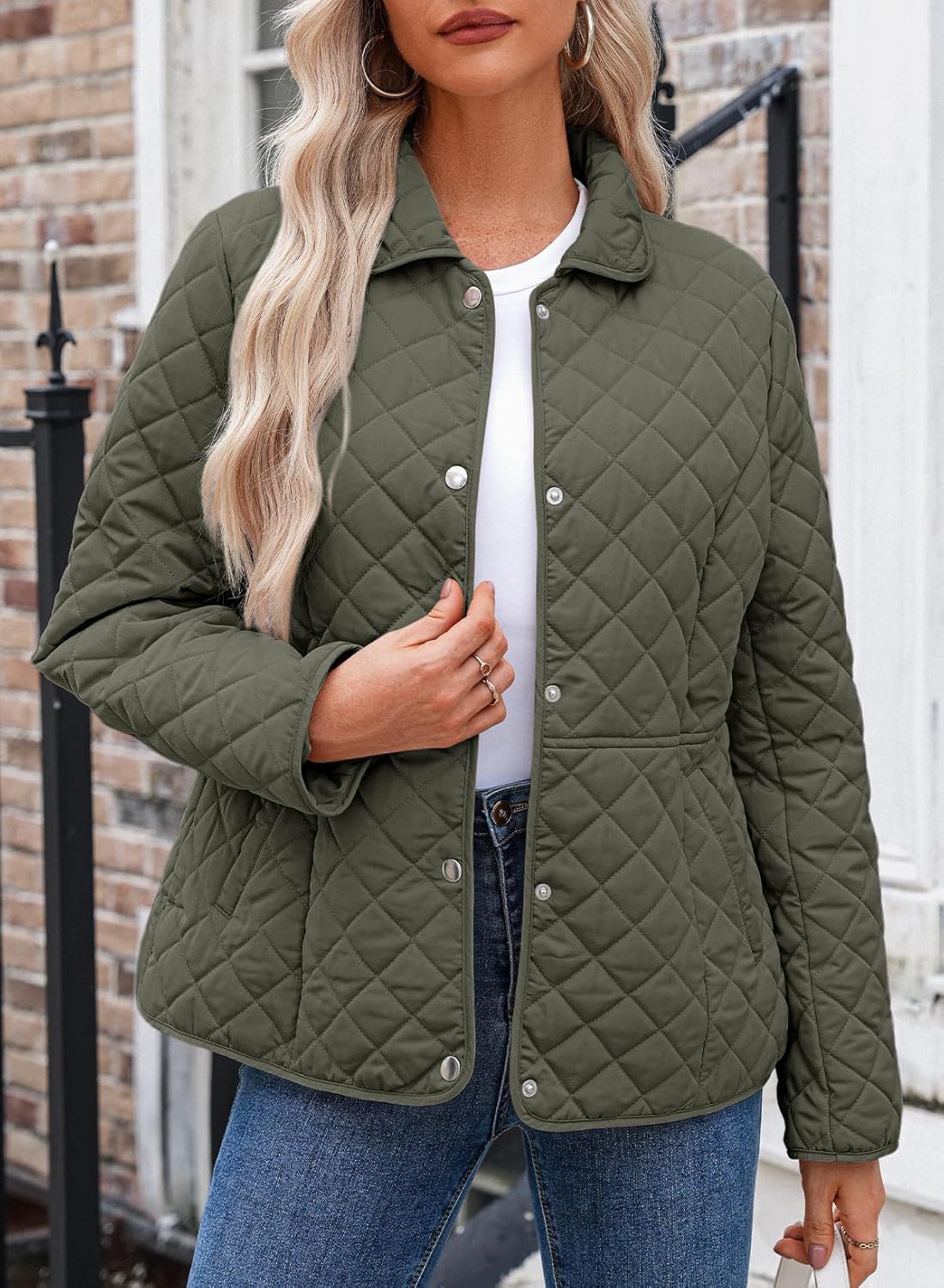 Dokotoo Women's Winter Quilted Jackets Long Sleeve Button Down Diamond Puffer Jacket Outerwear Coats with Pockets - Image 2