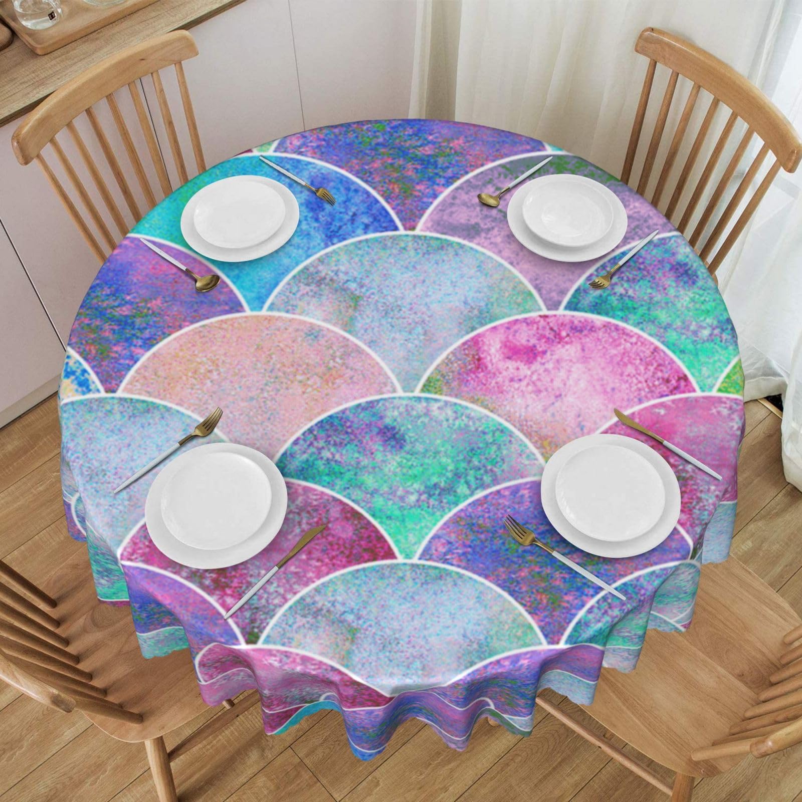 DCEHGEW 60 In Round Tablecloth with Lace, Watercolor Fish Scale Printed Oilproof & Washable Fabric Picnic Table Cloth Table Covers
