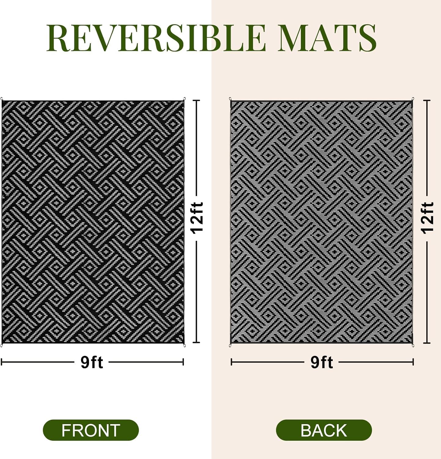 OPPODREAM Outdoor Rug 9x12, Plastic Straw Rug for Patio, Grey & Black image 2