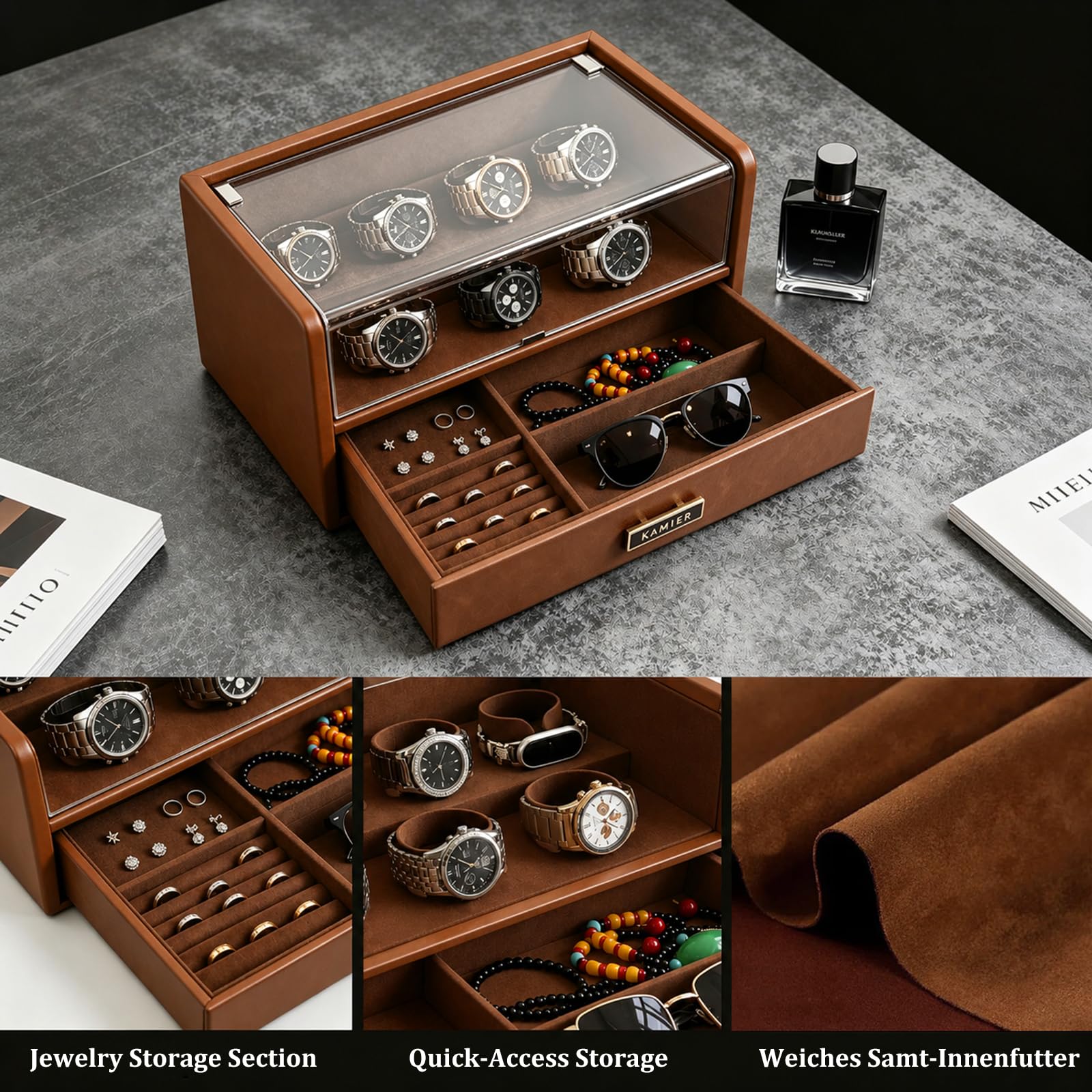 KAMIER Boîte à Montres à 7 Emplacements, Vitrine à Montres en Cuir PU | Avec Couvercle en Verre & Tiroir, Doublure Intérieure en Velours Doux, Rangement Premium pour Montres, Lunettes et Bijoux