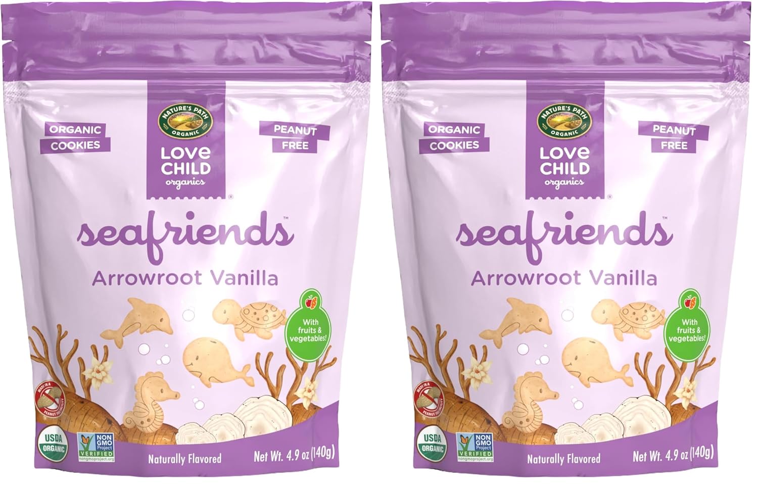 Love Child Organics Sea Friends Arrowroot Vanilla Cookies, 4.9 oz (Pack of 2), Non-GMO, by Nature's Path