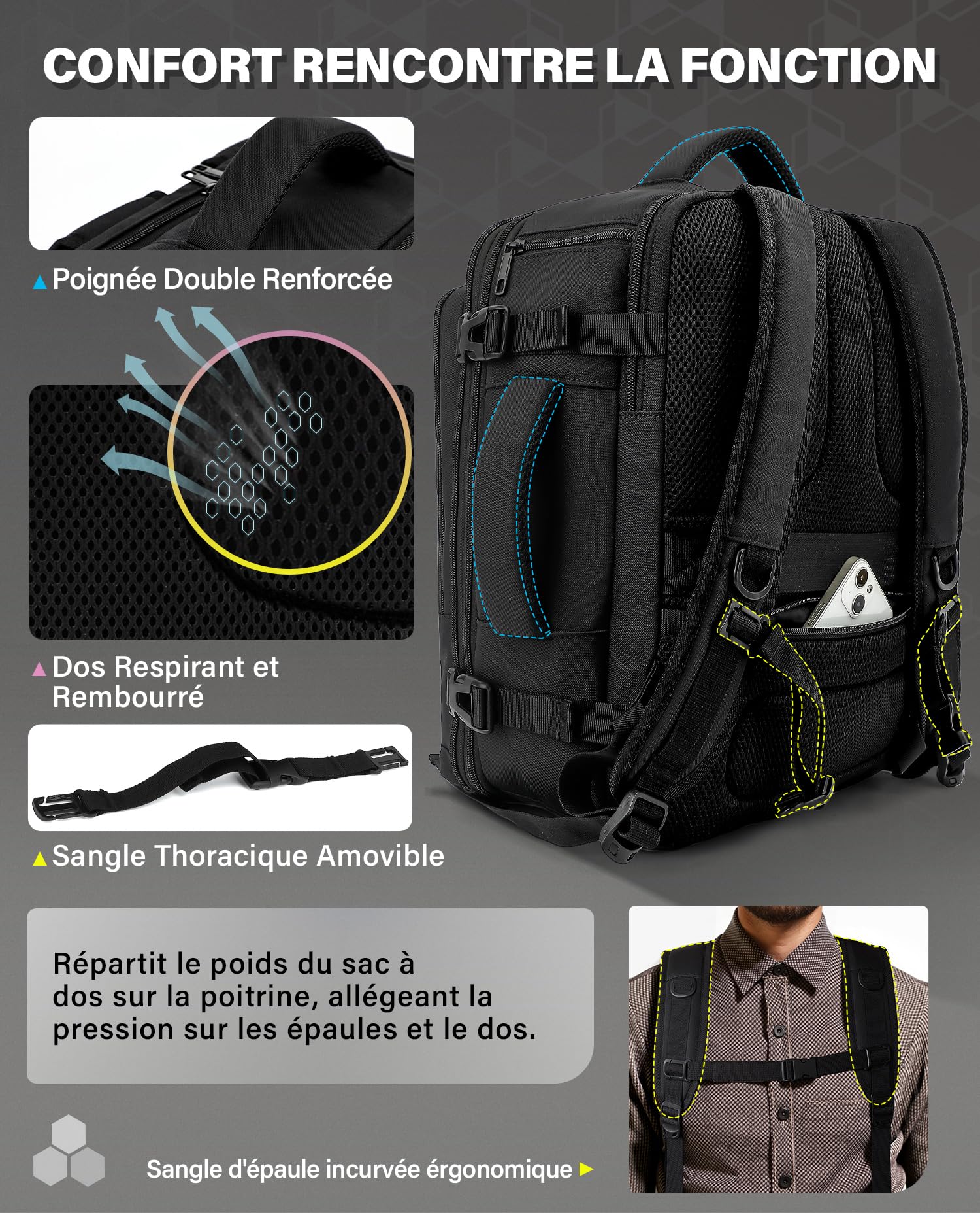 VANKEV Sac à Dos Voyage Cabine pour Ryanair EasyJet Eurowings Wizz Air Extensible 40x30x20 à 40x30x25, 24L à 30L, Bagage à Main Sous Siège Adapté à un Ordinateur Portable de 15,6 Pouces noir
