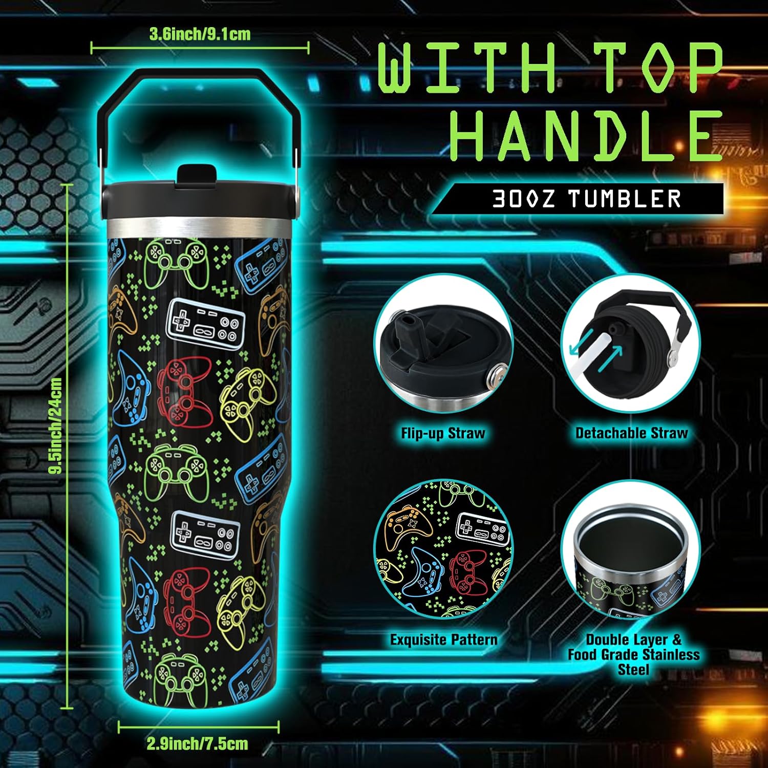 30 oz Gamer Tumbler with Straw, 30oz Gaming Flip Straw Tumbler Insulated Coffee Travel Mugs Cup Water Bottle Gamer Gifts for Men Dad Boy Boyfriend