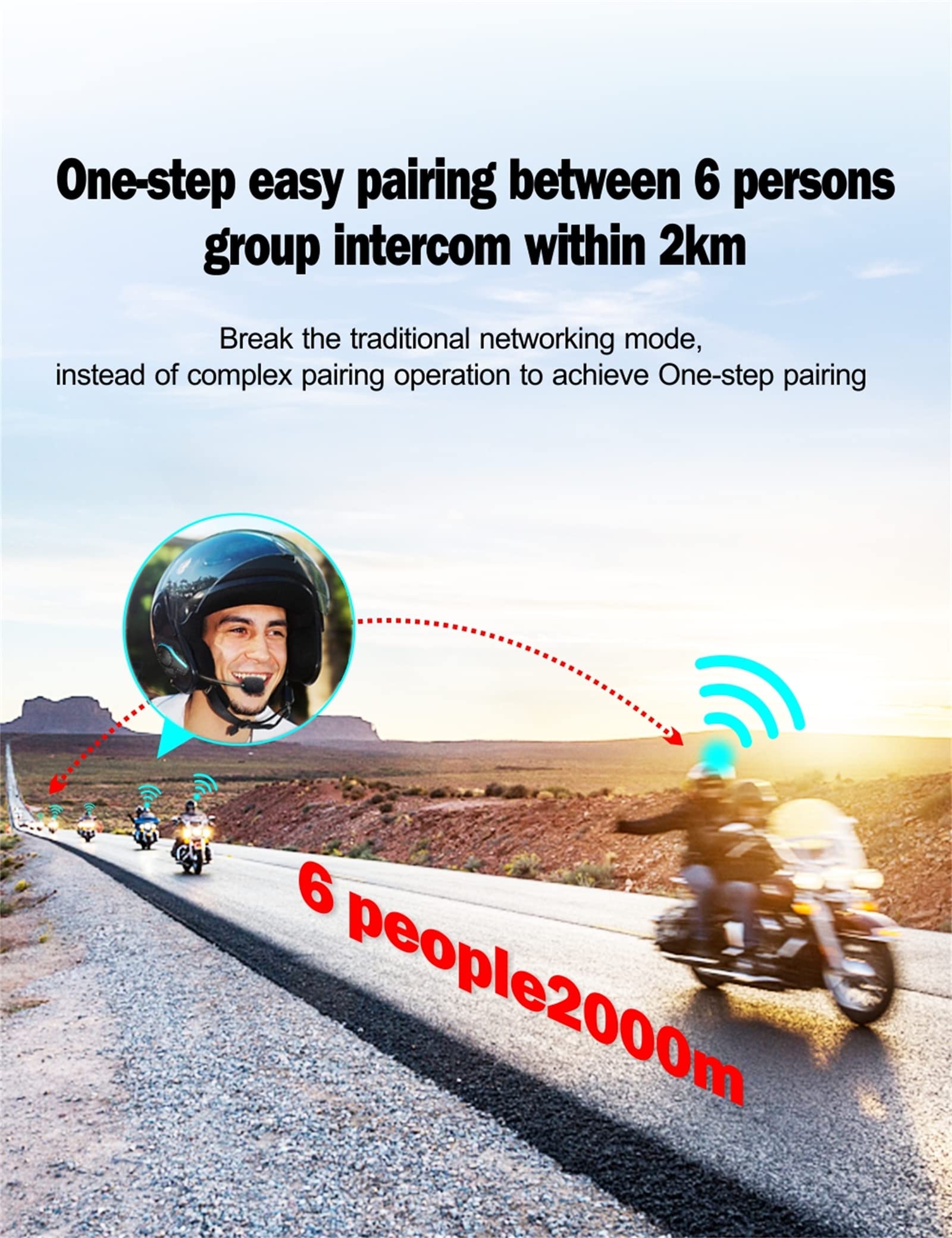 Casque De Moto Bluetooth 5.0 2000M 6 Riders Intercom Headset Compatible Avec Tous Les Casques Bluetooth Pour La Moto, Le Ski Et L'escalade