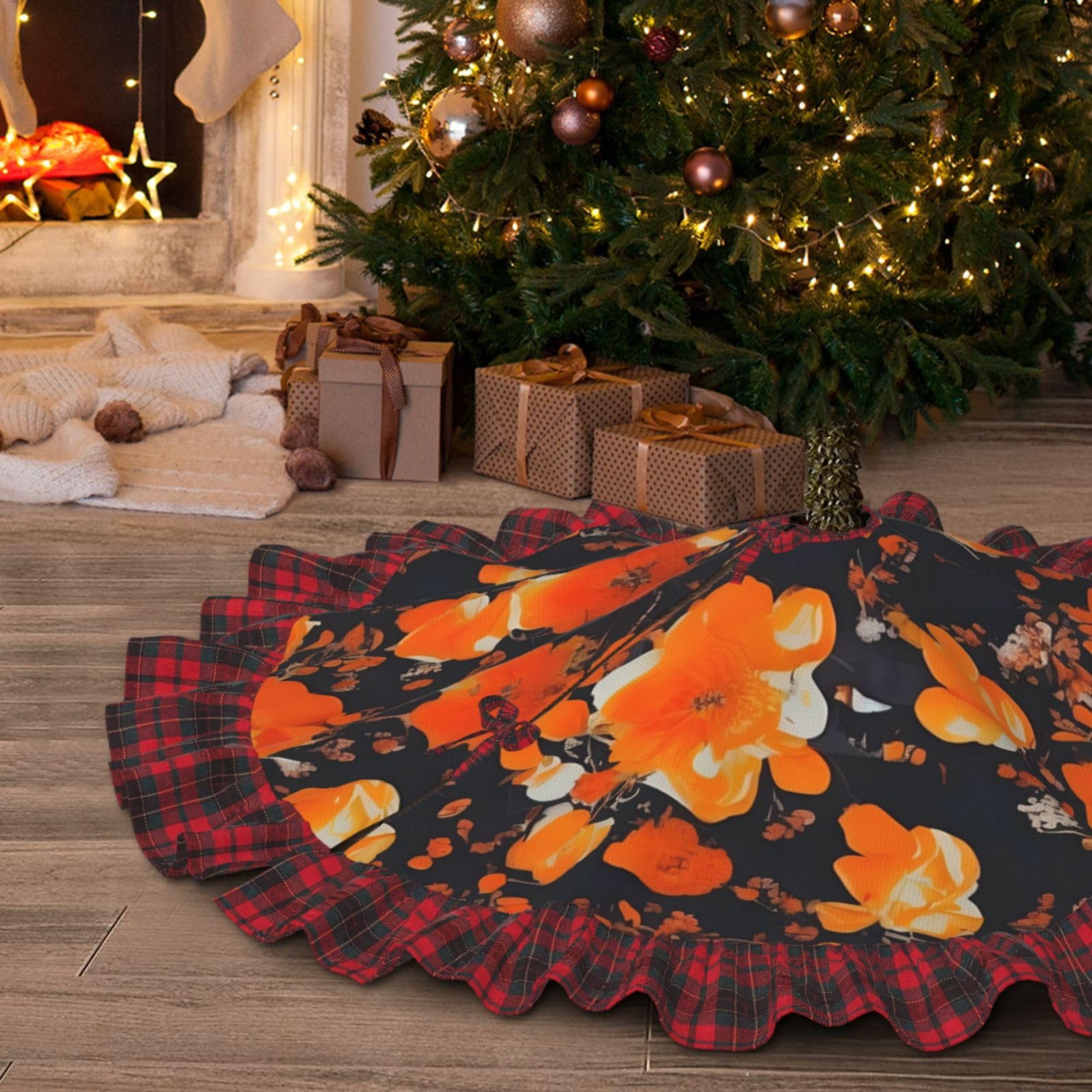 Faldón Para árbol De Navidad De 120cm - Estampado Búfalo Rojo Y Verde Con Motivos Navideños