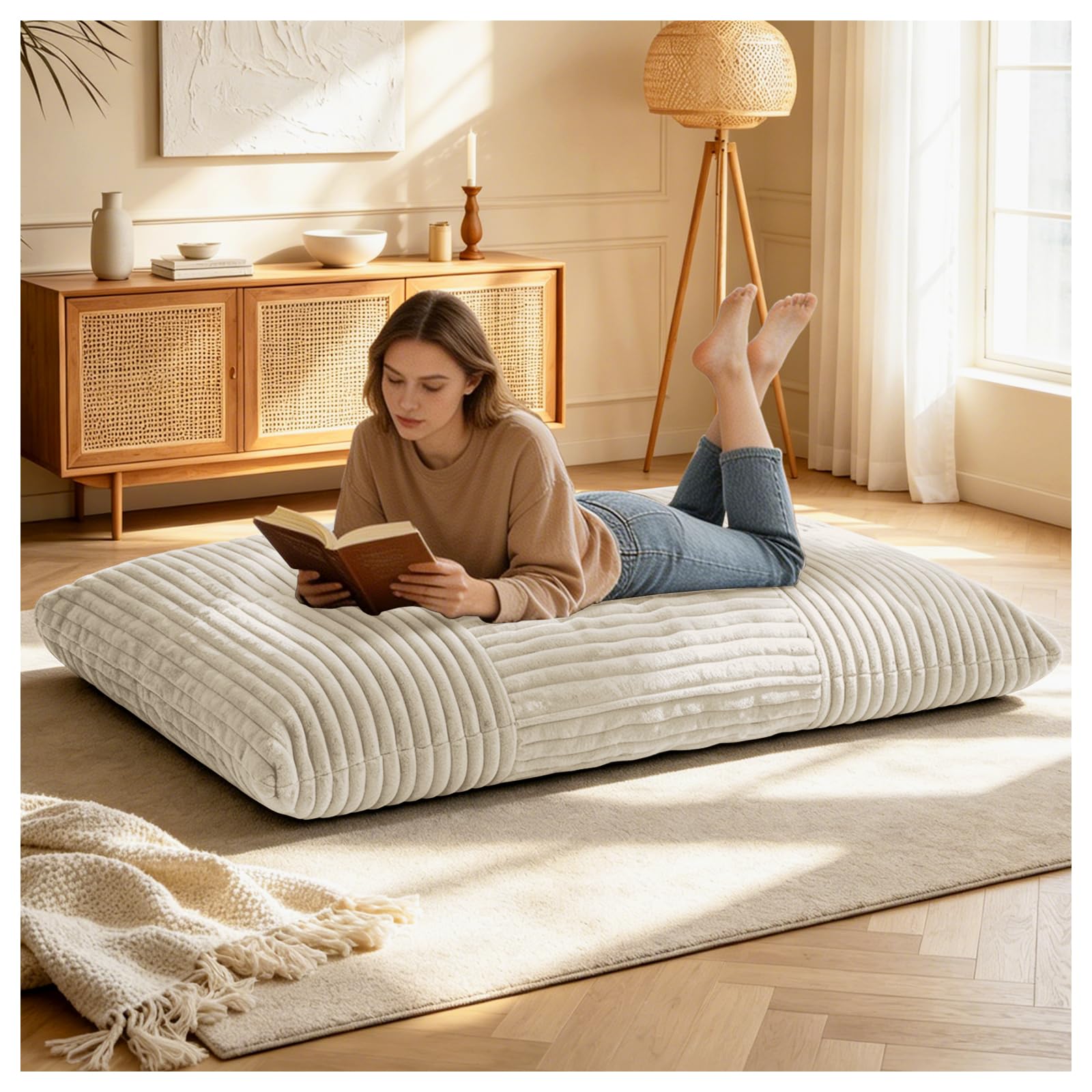 Puf XXL convertible 3 en 1 Bean Bag Sofá con espuma viscoelástica acolchada para sala de estar, puf de juegos, funda de pana mullida, color blanco