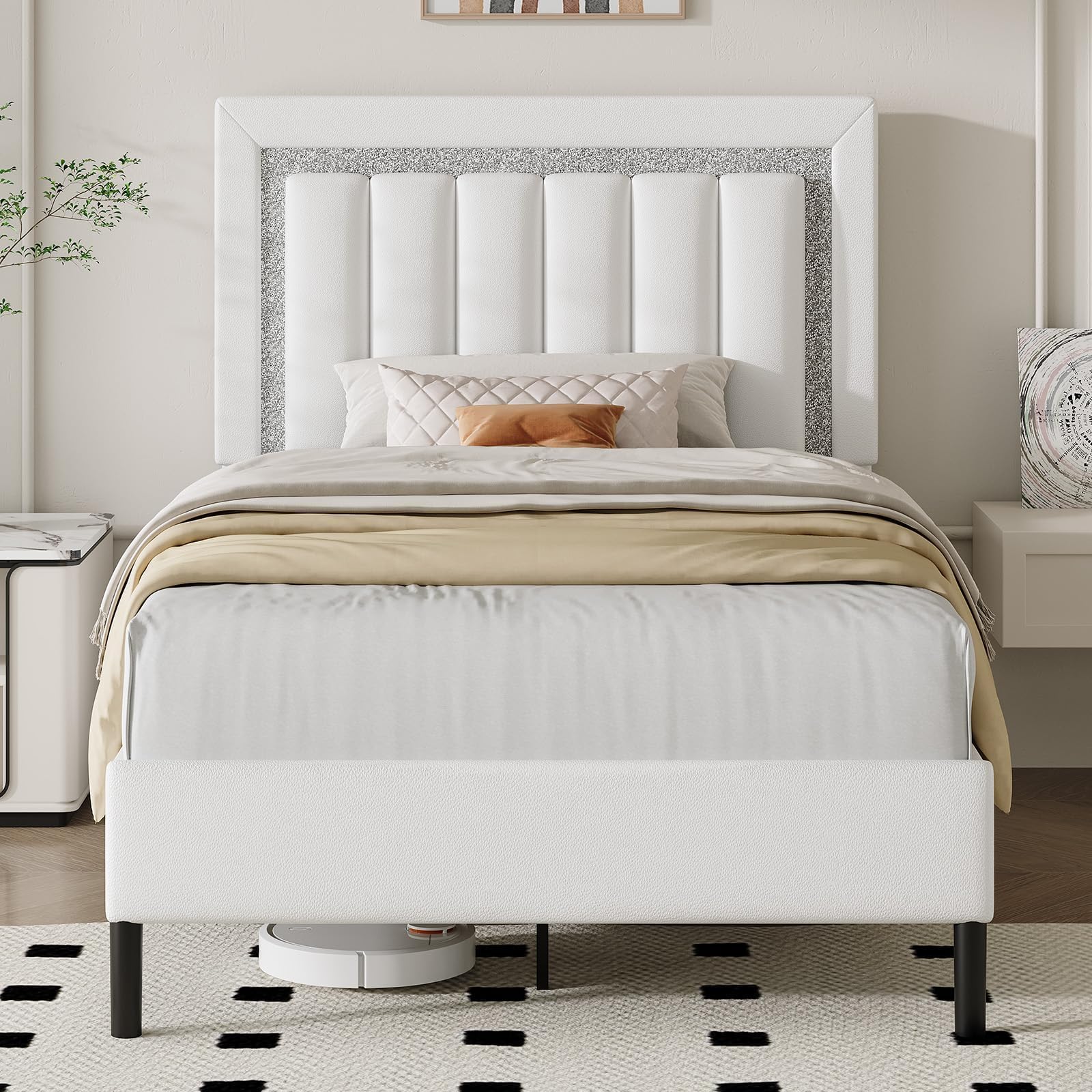 HOMBCK Twin Bed Frames Twin Bed Frame with Wooden Slats Support Twin Bed with Diamond Vertical Stripe Design