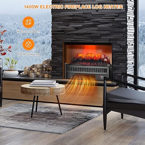 Miniatura 7 de Tangkula Calentador eléctrico de leña para chimenea de 23 pulgadas, inserto de estufa eléctrica independiente de 1400 W con llama realista, cama de