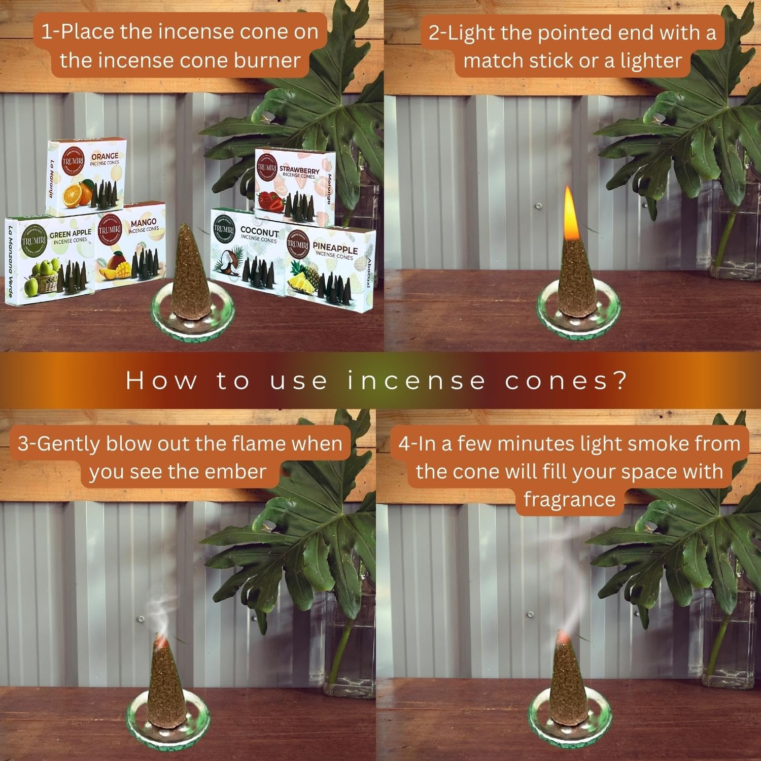 Trumiri Coni di incenso fruttati – Confezione assortita – Totale 60 coni di incenso (6 profumi x 10 coni – fragola, cocco, ananas, mela, mango, arancia) – coni di incenso – coni di incenso – coni di