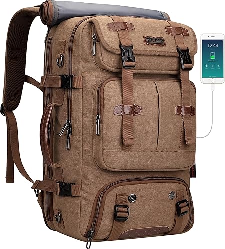 WITZMAN Mochila de viaje para hombre, 40 L, grande, aprobada por aerolínea, convertible 3 en 1, bolsas para laptop de 17 pulgadas (A8013 marrón)