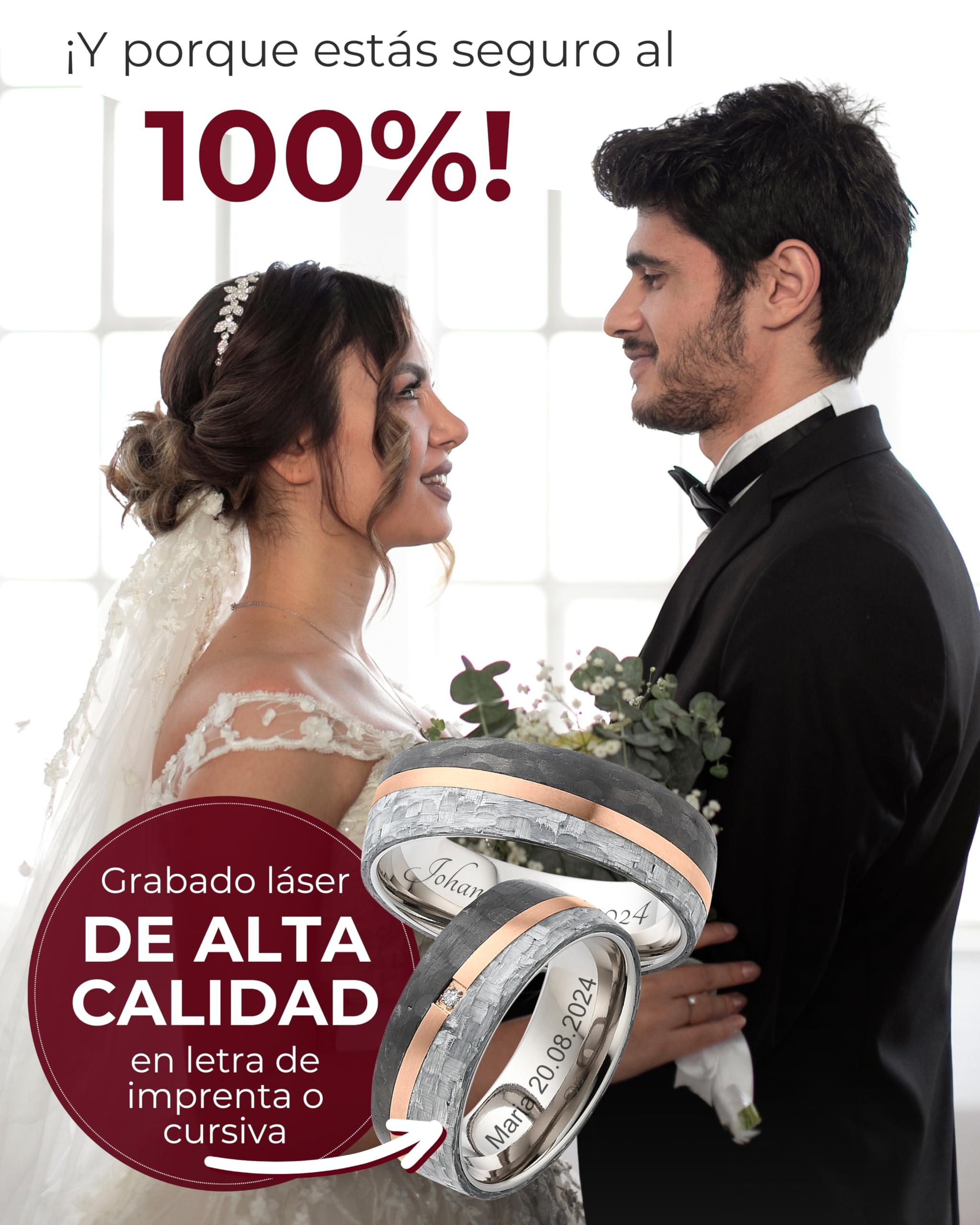 123traumringe Anillos de boda de carbono, titanio y con baño de oro rosado, precio por par con 1 brillante, incluye grabado, alianzas de titanio para él y ella, anillos de boda, S88