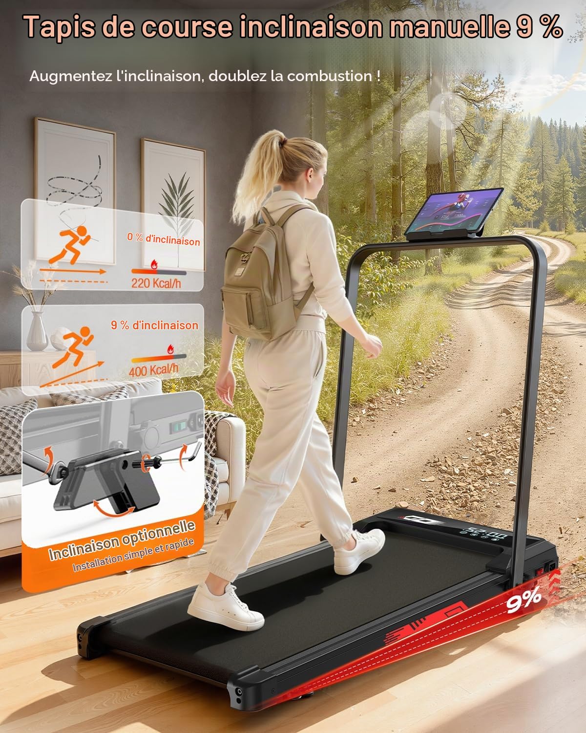Tapis de Course Pliable Marche 9%, 1-10 km/h, Moteur 3,0 CV sans Balais