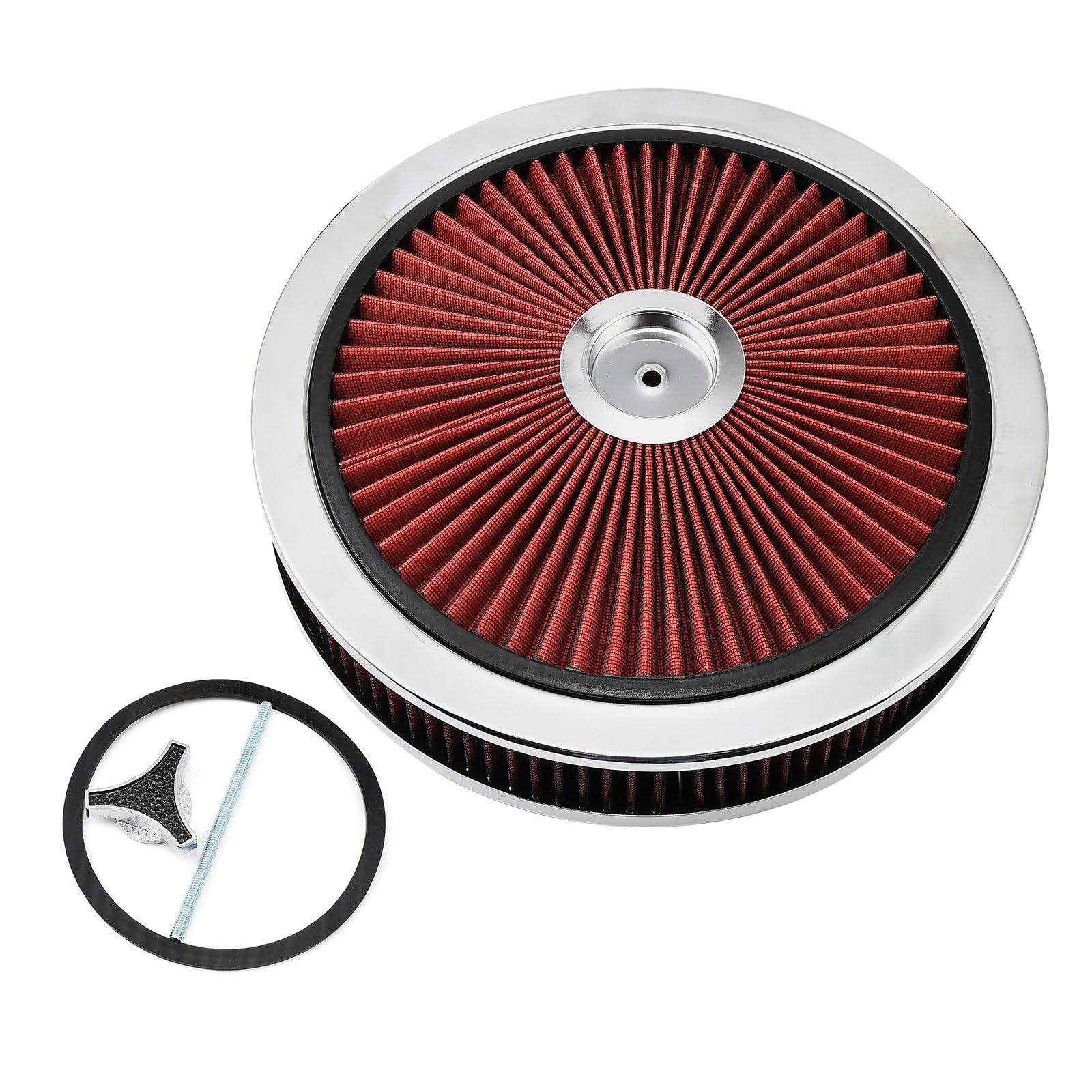 XhuangTech Filtro de admisión de aire redondo de 14 x 3 pulgadas, kit de montaje de filtro de aire de aluminio de alto flujo, rendimiento reutilizable, filtro lavable para motor de automóvil con tapa