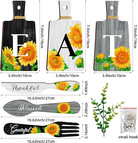 Miniatura 12 de Juego de 6 letreros de girasol para cocina, tenedor y cucharas, decoración de pared de cocina, placas colgantes de madera, arte de pared de granja,