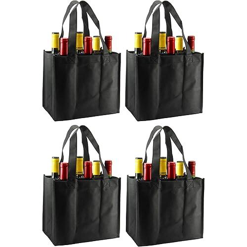 Reusable Non-Printed Wine Tote- 4 Pack (Black, 6 Bottle)