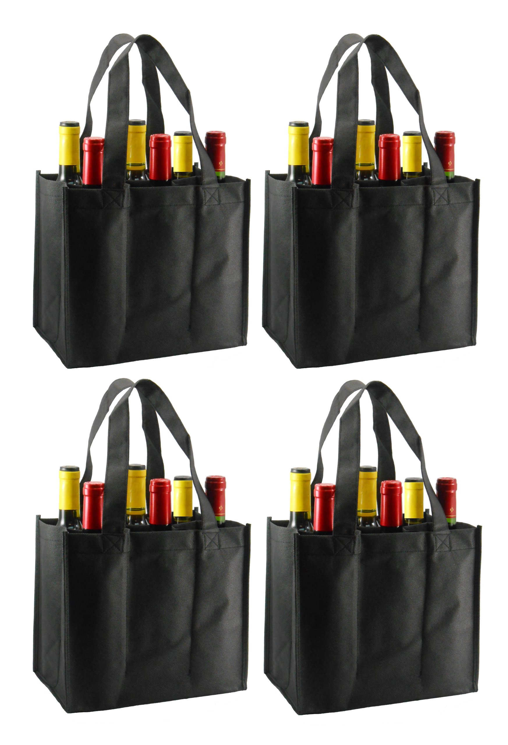 CYMA Reusable Non-Printed Wine Tote- 4 Pack (Black, 6 Bottle)