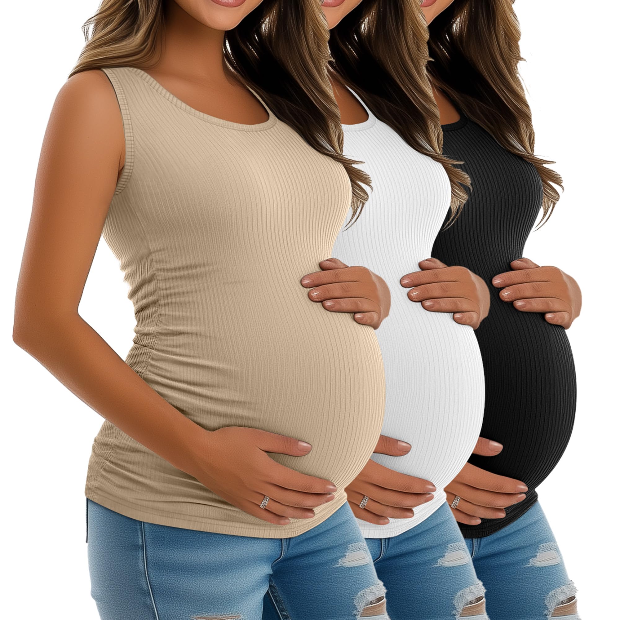 Riyiper 3 Pack Women's Maternity Tank Tops, Sleeveless Cotton Pregnancy Shirts Ribbed Knit Sides Ruched Basic Mama Clothes