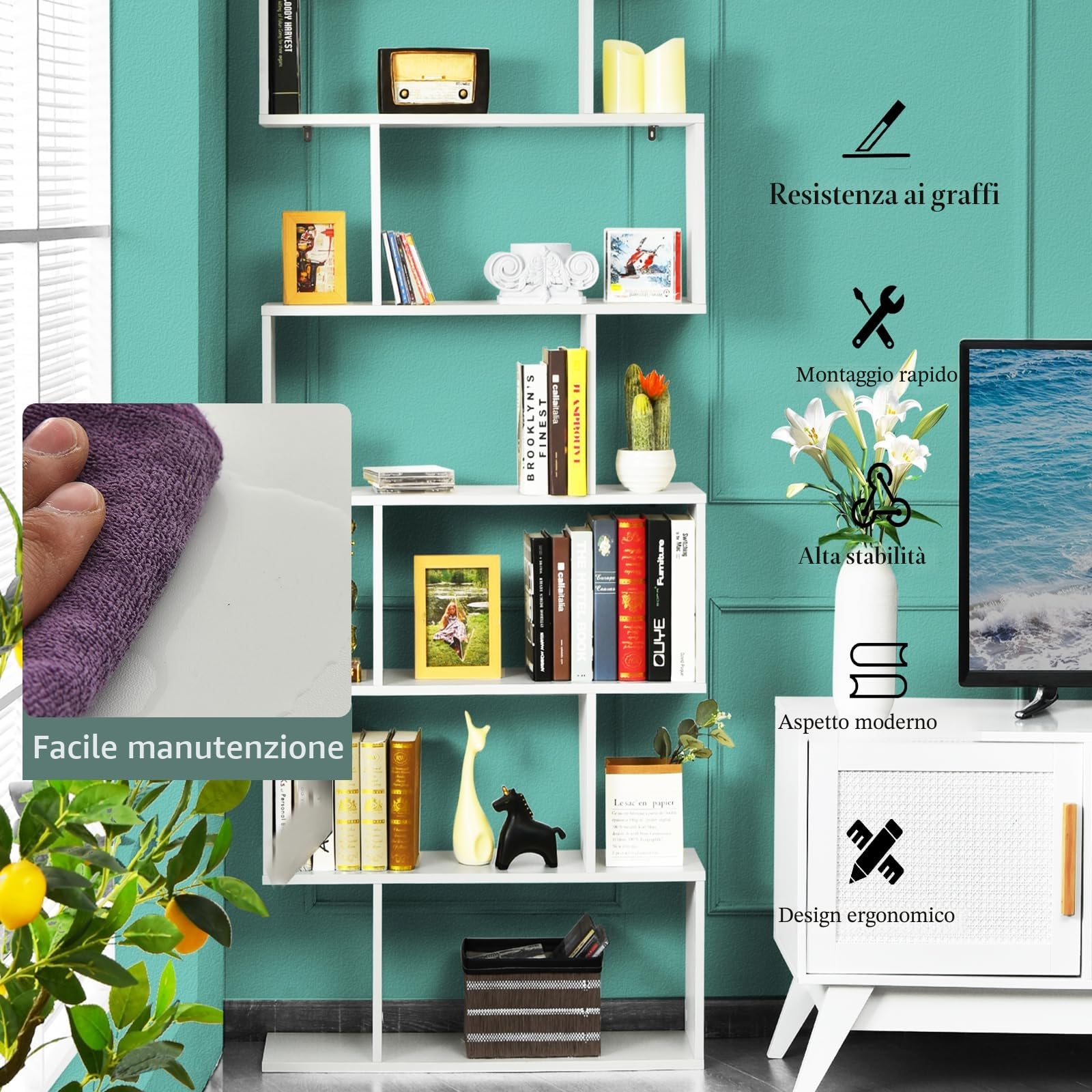 HOMASIS Libreria da Parete a 6 Livelli, Libreria Scaffale in Legno, Divisorio a Parete Multifunzionale con Design Antiribaltamento, Scaffale a S per Ufficio, Salotto, 80 x 23 x 191cm (Bianco)