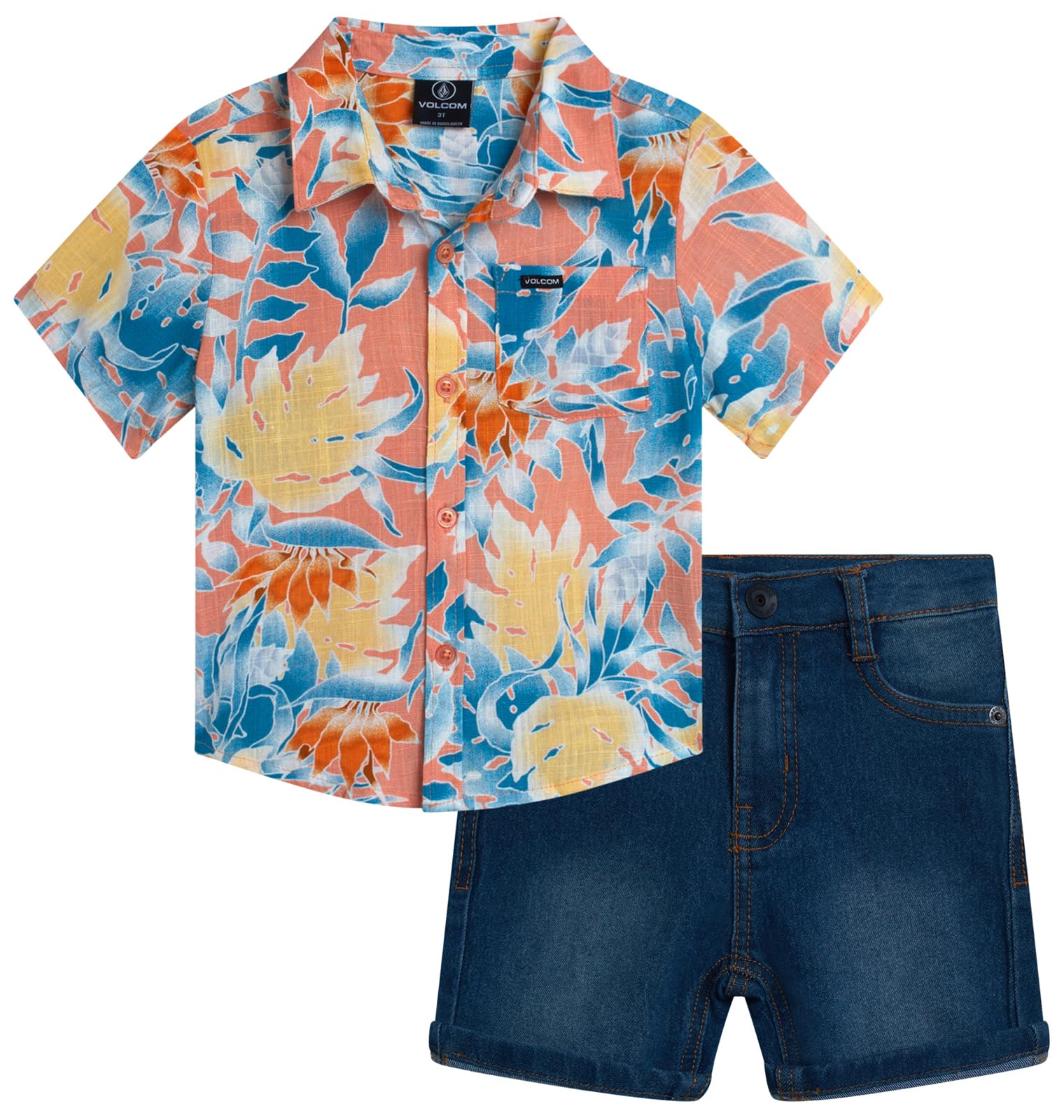 Volcom Toddler Boys Graphic Tee &amp; Denim Shorts Summer Outfit Set (12M-7) | Super-Soft Breathable Fabric, Reinforced Belt-Loop Waistband Built for Daily Play, Easy Pairing with Everyday Summer Wear
