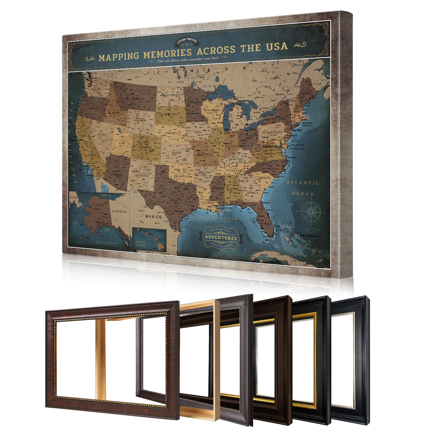 DECORARTS Personalized Push Pin Travel Map USA, Deep Blue Canvas, 30x24''