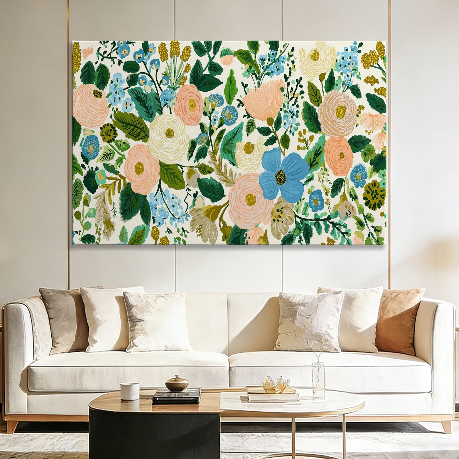 Pflanzen Garten Blumen Gänseblümchen Blätter Modernes Leinwandbild 120L x 60B cm mit Rahmen, Landhausstil XXL Wanddeko für Wohnzimmer Geschenk Idee Einzug - Hochwertiger Kunstdruck auf Holzrahmen