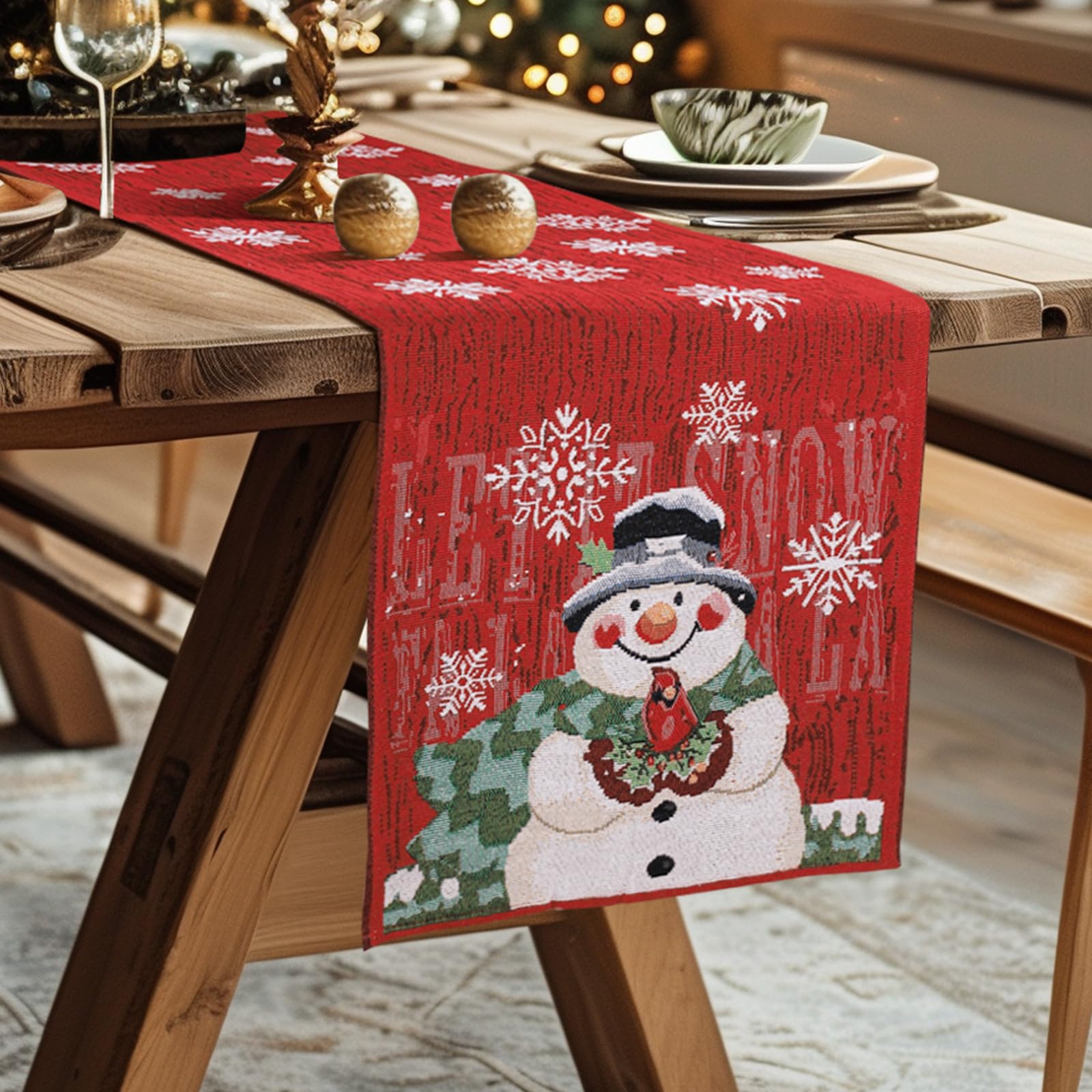 Camino de Mesa de Navidad 35x180cm,Traves de Mesa en Navidad para Decorar la Mesa de la Cocina,Christmas Party Decorations-Snowman & Snowflake