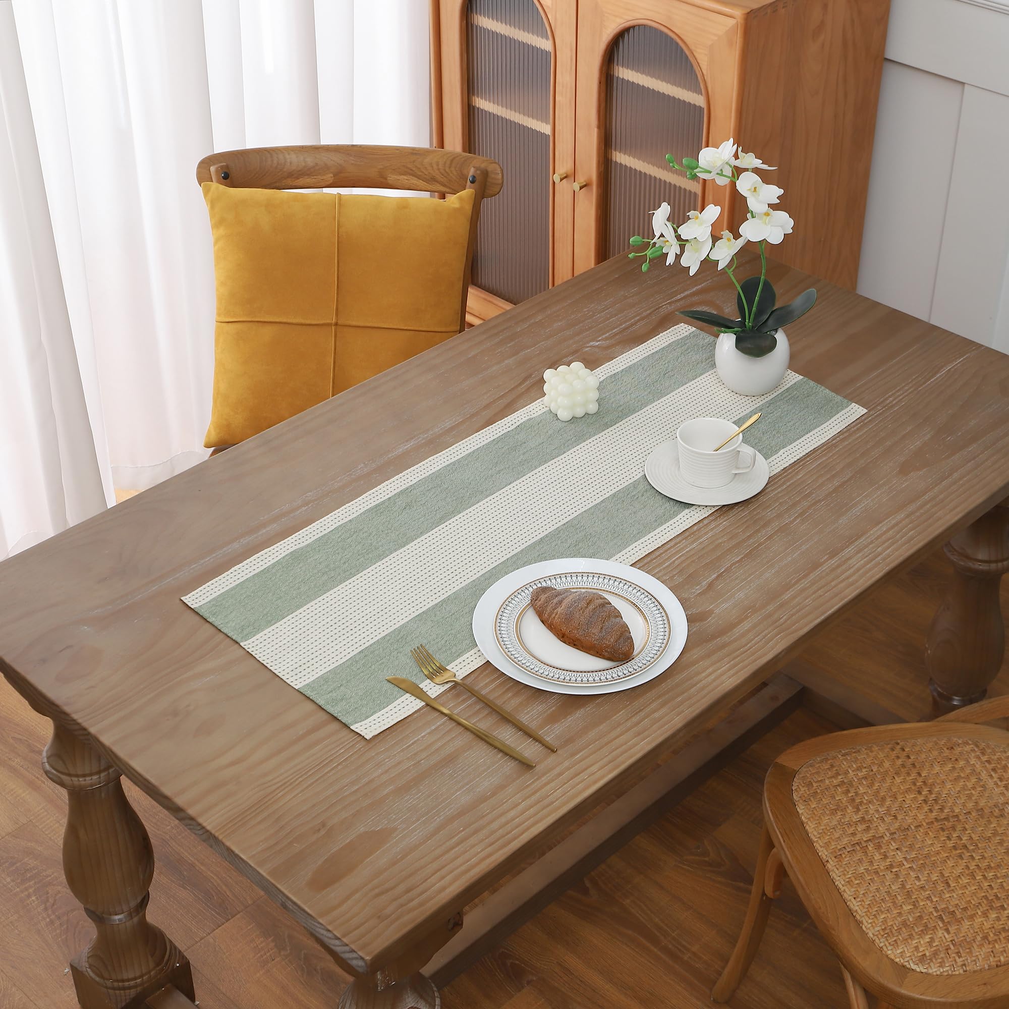 GernaiceBoho Table Runner, Rustic Striped Cotton Linen Farmhouse Table Runners for Dresser End Coffee Table Home Decor, 24" L X 13" W Sage Green