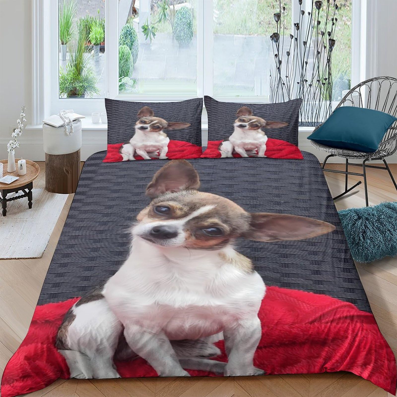 Ctjqhvkz Style-9 3D Printed Chihuahua Dog Fitted Sheet Microfiber Soft Black Red Pet Portrait Bed Cover For Bedroom Guest Room Decor Single（135X200cm）